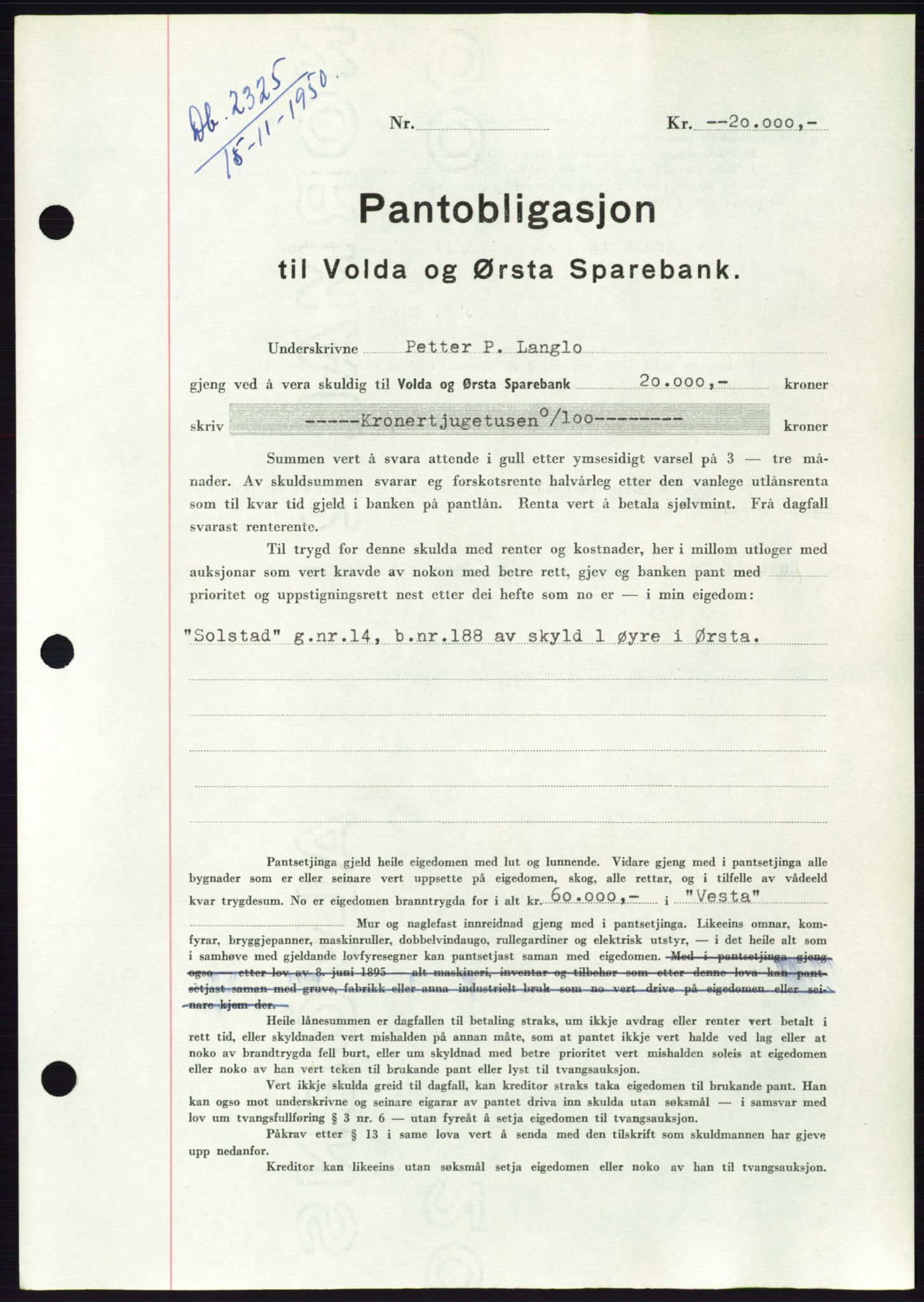 Søre Sunnmøre sorenskriveri, SAT/A-4122/1/2/2C/L0119: Pantebok nr. 7B, 1950-1951, Dagboknr: 2325/1950