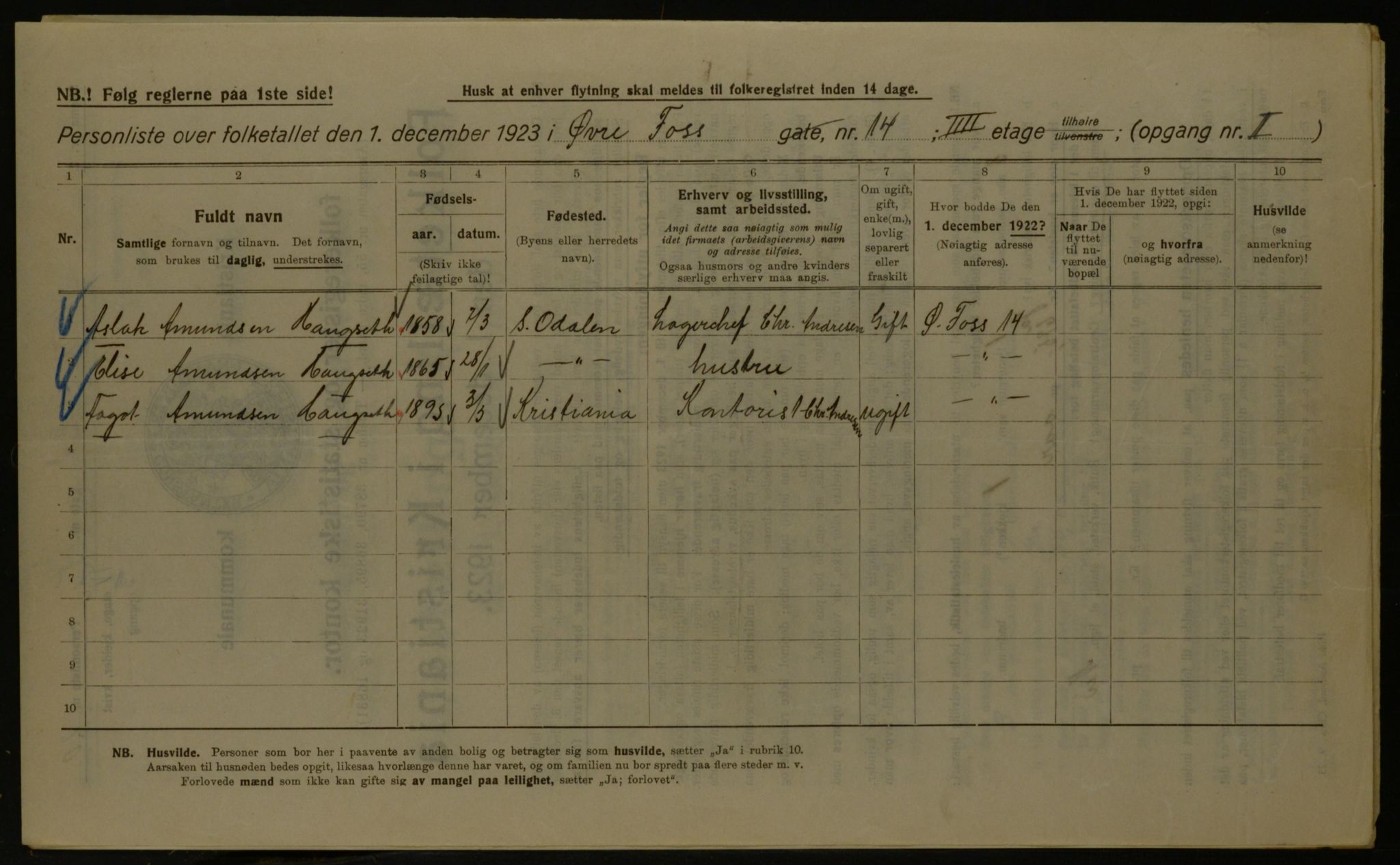 OBA, Kommunal folketelling 1.12.1923 for Kristiania, 1923, s. 143027