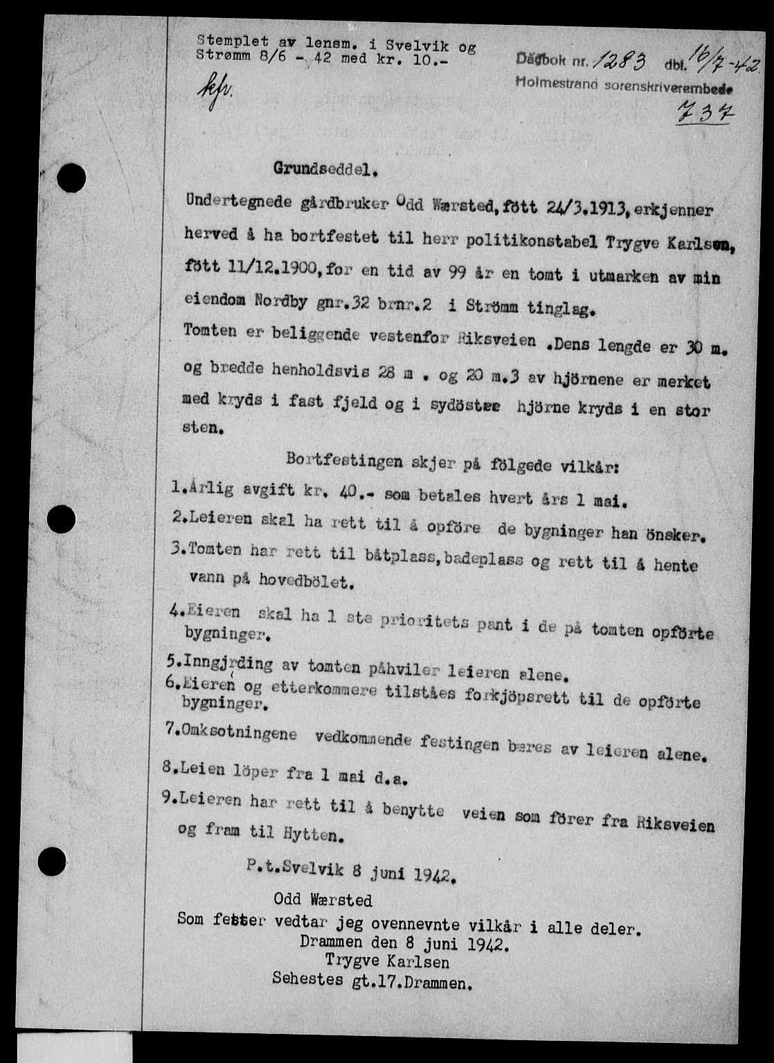 Holmestrand sorenskriveri, SAKO/A-67/G/Ga/Gaa/L0055: Pantebok nr. A-55, 1942-1942, Dagboknr: 1283/1942