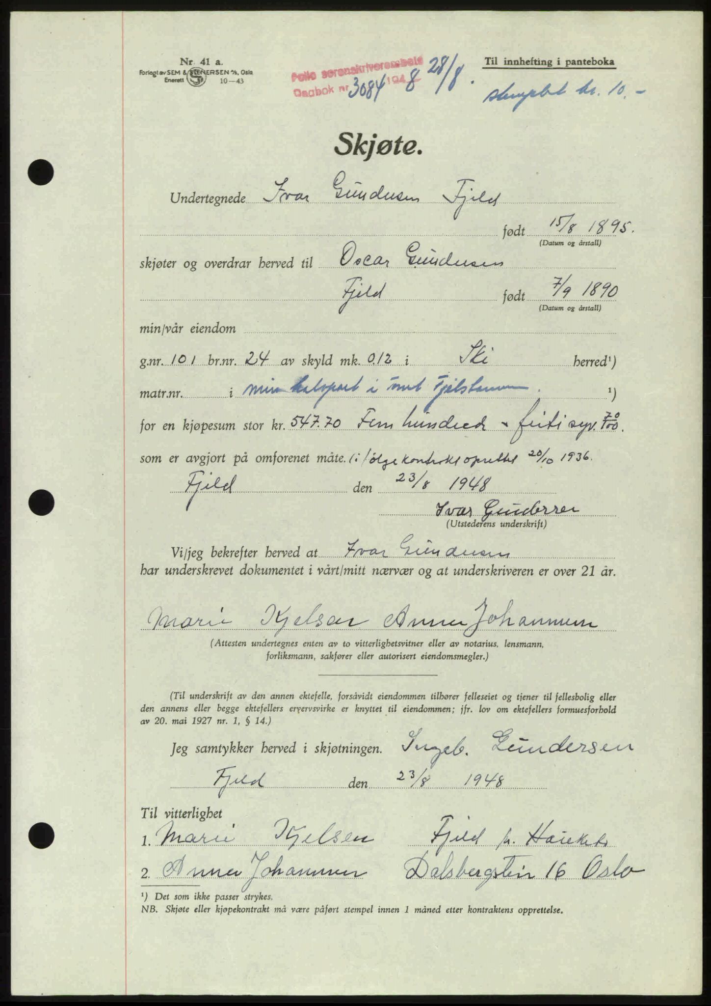 Follo sorenskriveri, SAO/A-10274/G/Ga/Gaa/L0085: Pantebok nr. I 85, 1948-1948, Dagboknr: 3084/1948