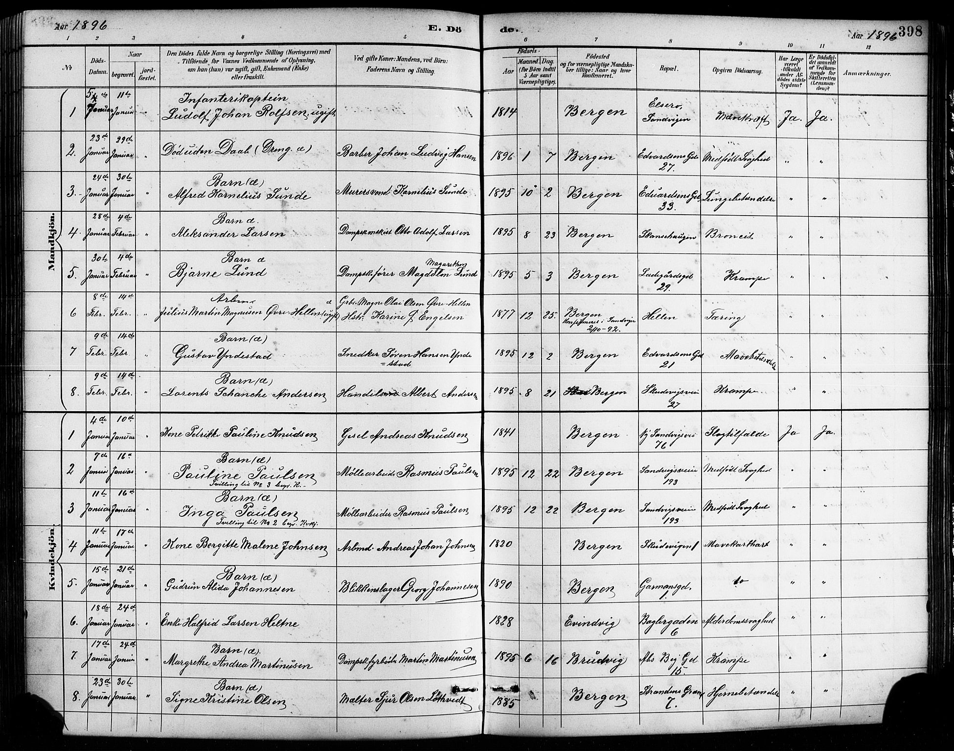 Sandviken Sokneprestembete, AV/SAB-A-77601/H/Hb/L0002: Klokkerbok nr. A 3, 1888-1902, s. 398
