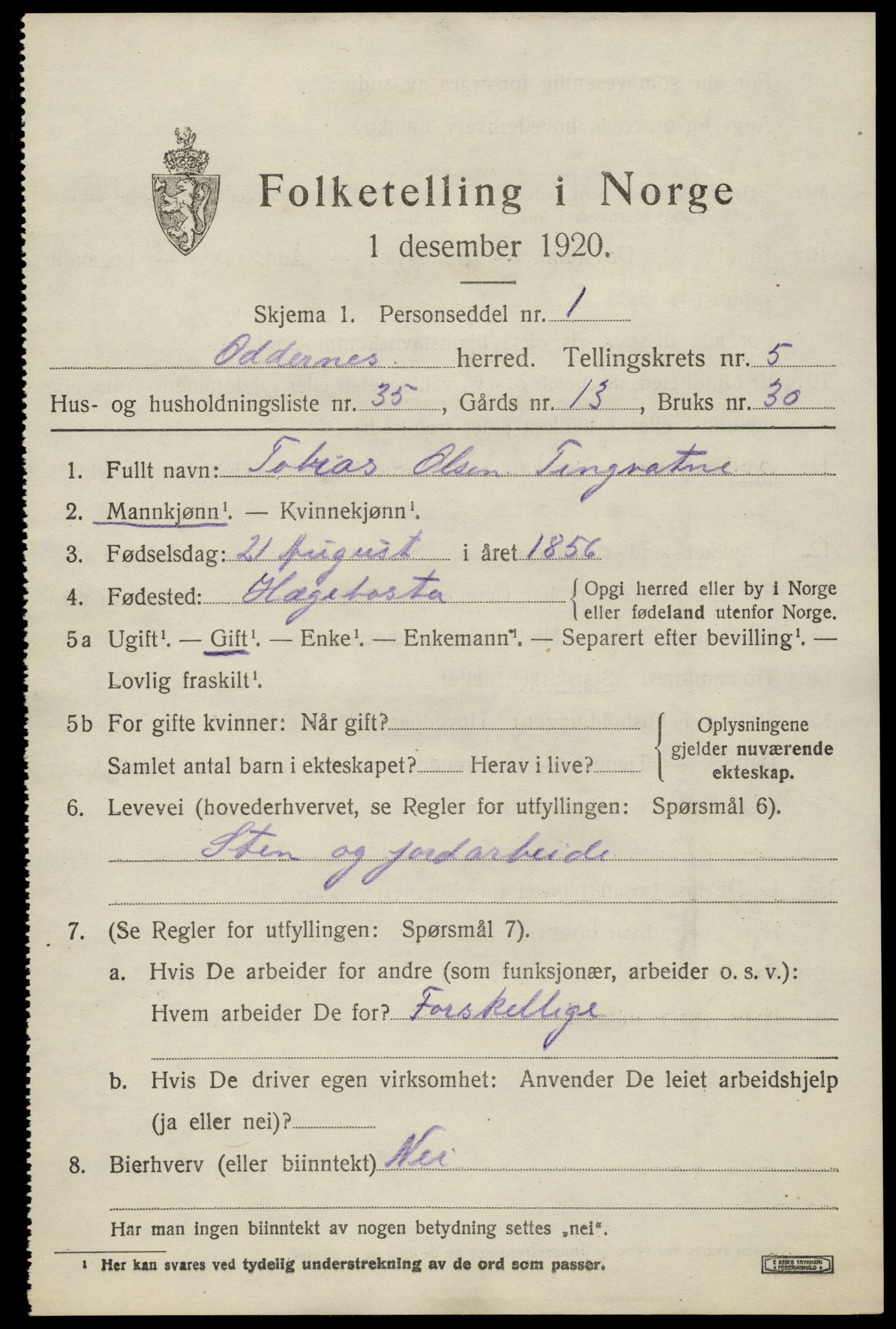 SAK, Folketelling 1920 for 1012 Oddernes herred, 1920, s. 4683