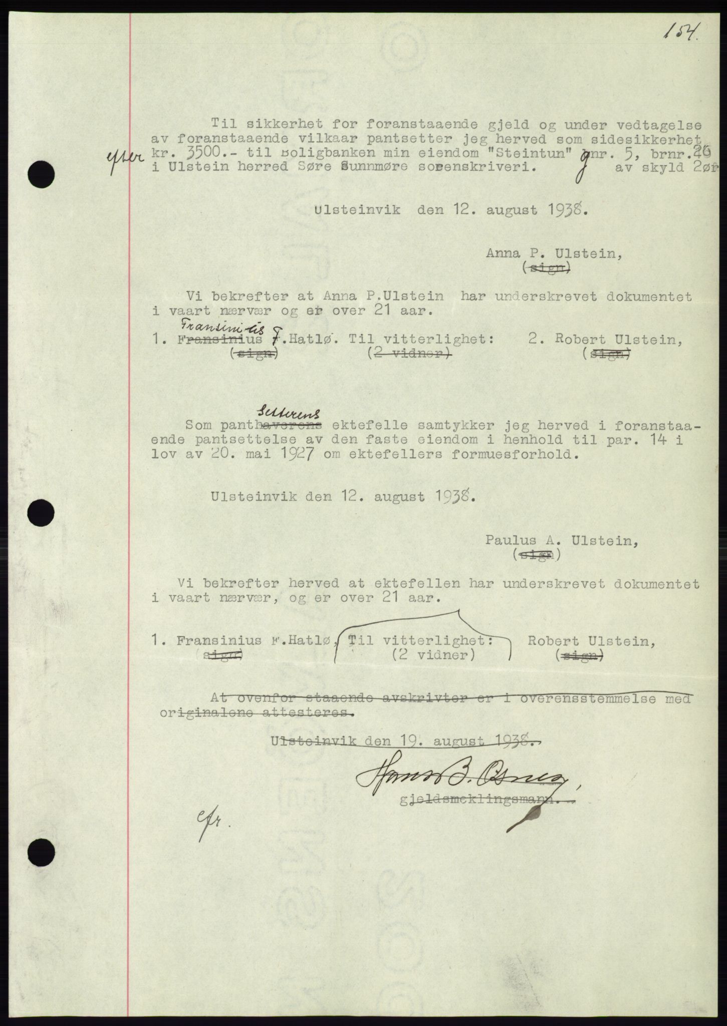 Søre Sunnmøre sorenskriveri, AV/SAT-A-4122/1/2/2C/L0066: Pantebok nr. 60, 1938-1938, Dagboknr: 1288/1938