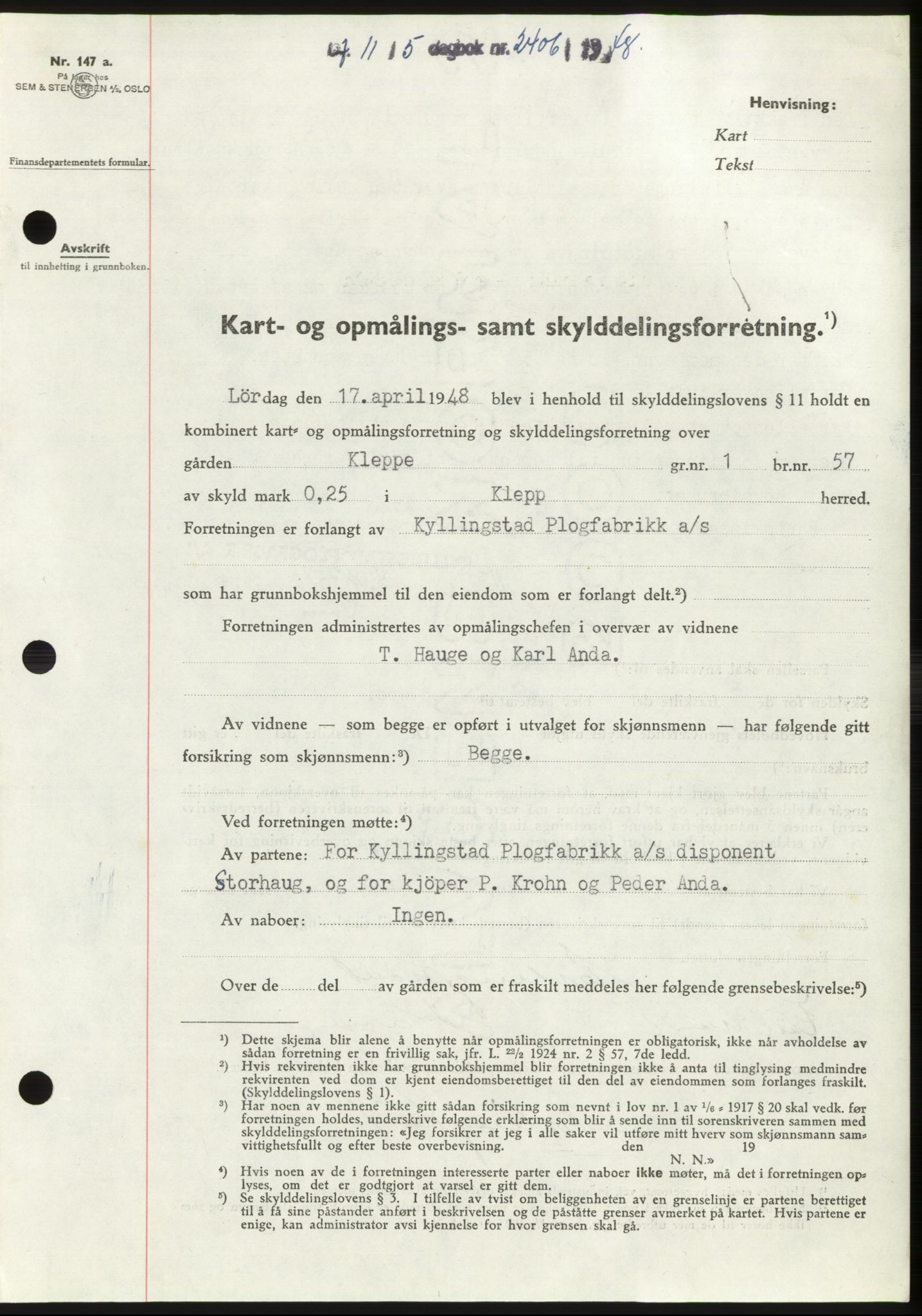 Jæren sorenskriveri, SAST/A-100310/03/G/Gba/L0099: Pantebok, 1948-1948, Dagboknr: 2406/1948