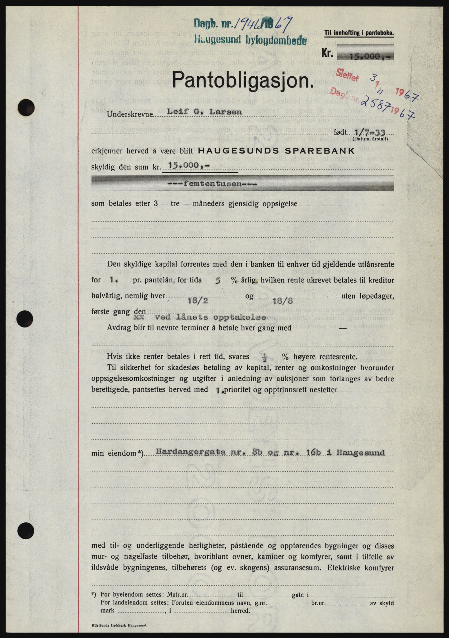 Haugesund tingrett, SAST/A-101415/01/II/IIC/L0057: Pantebok nr. B 57, 1967-1967, Dagboknr: 1946/1967
