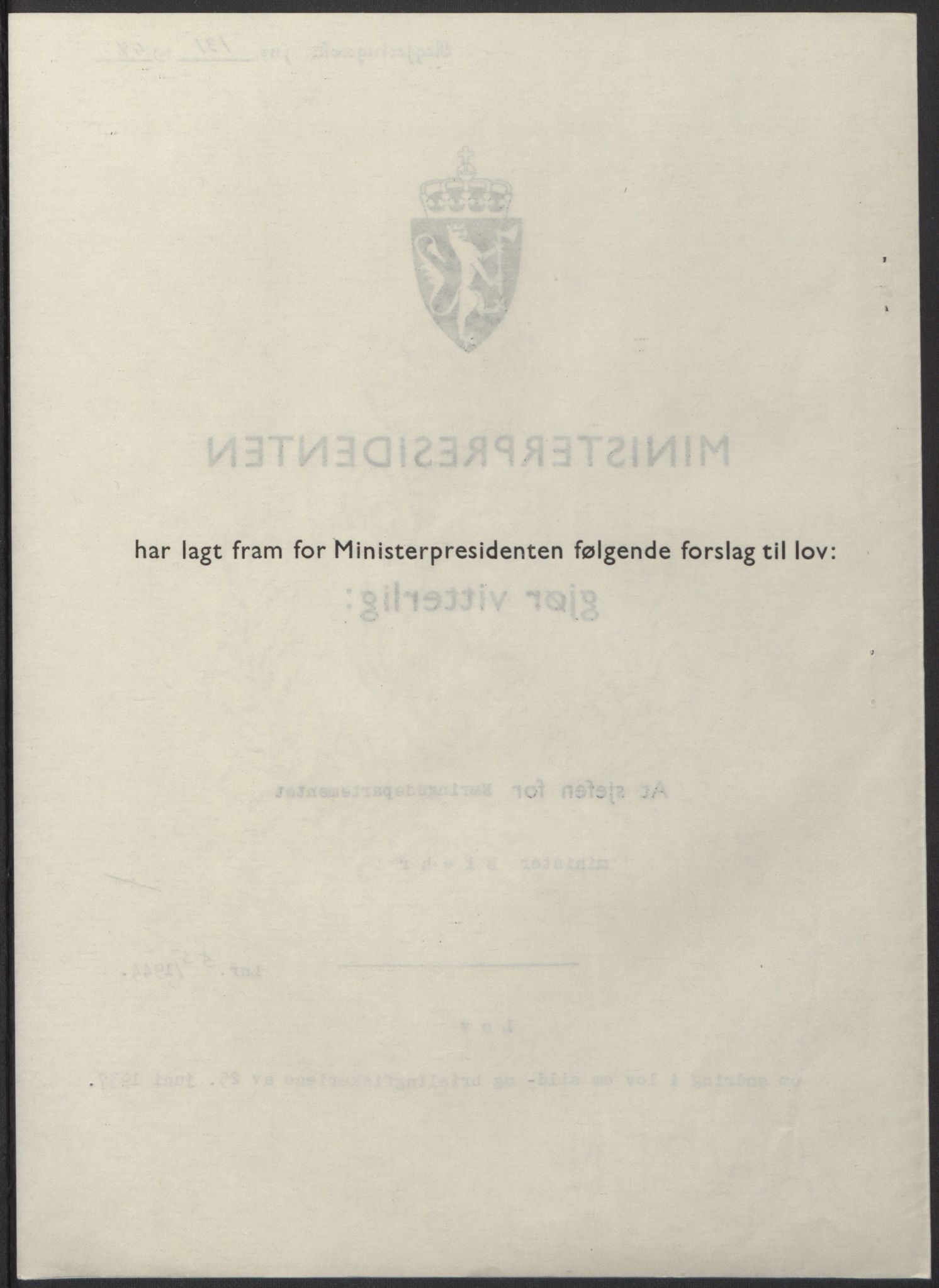 NS-administrasjonen 1940-1945 (Statsrådsekretariatet, de kommisariske statsråder mm), RA/S-4279/D/Db/L0100: Lover, 1944, s. 257