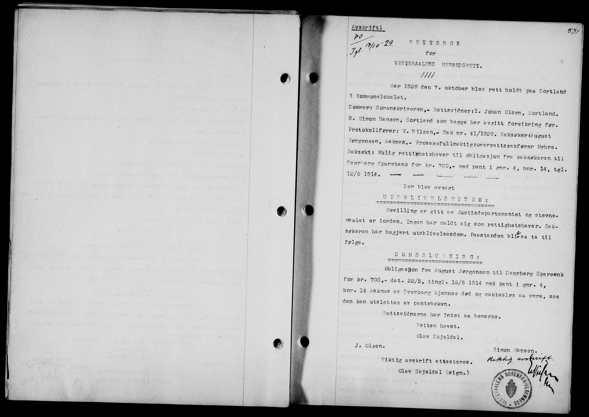 Vesterålen sorenskriveri, SAT/A-4180/1/2/2Ca/L0049: Pantebok nr. 42, 1929-1929, Tingl.dato: 17.10.1929