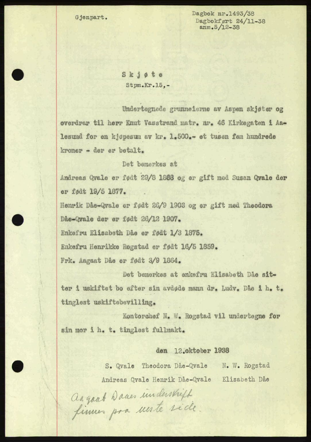 Ålesund byfogd, AV/SAT-A-4384: Pantebok nr. 34 II, 1938-1940, Dagboknr: 1493/1938