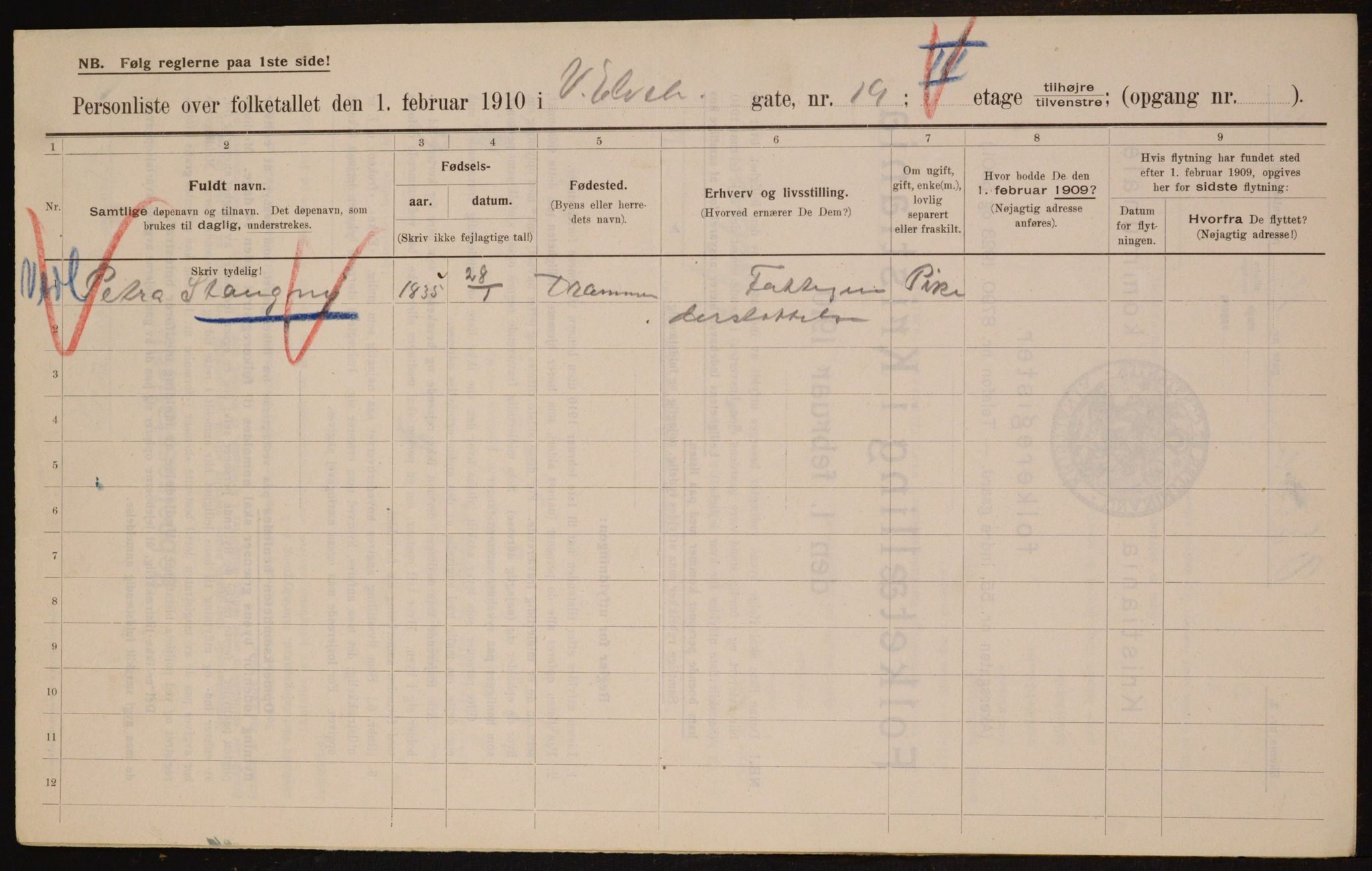 OBA, Kommunal folketelling 1.2.1910 for Kristiania, 1910, s. 116186