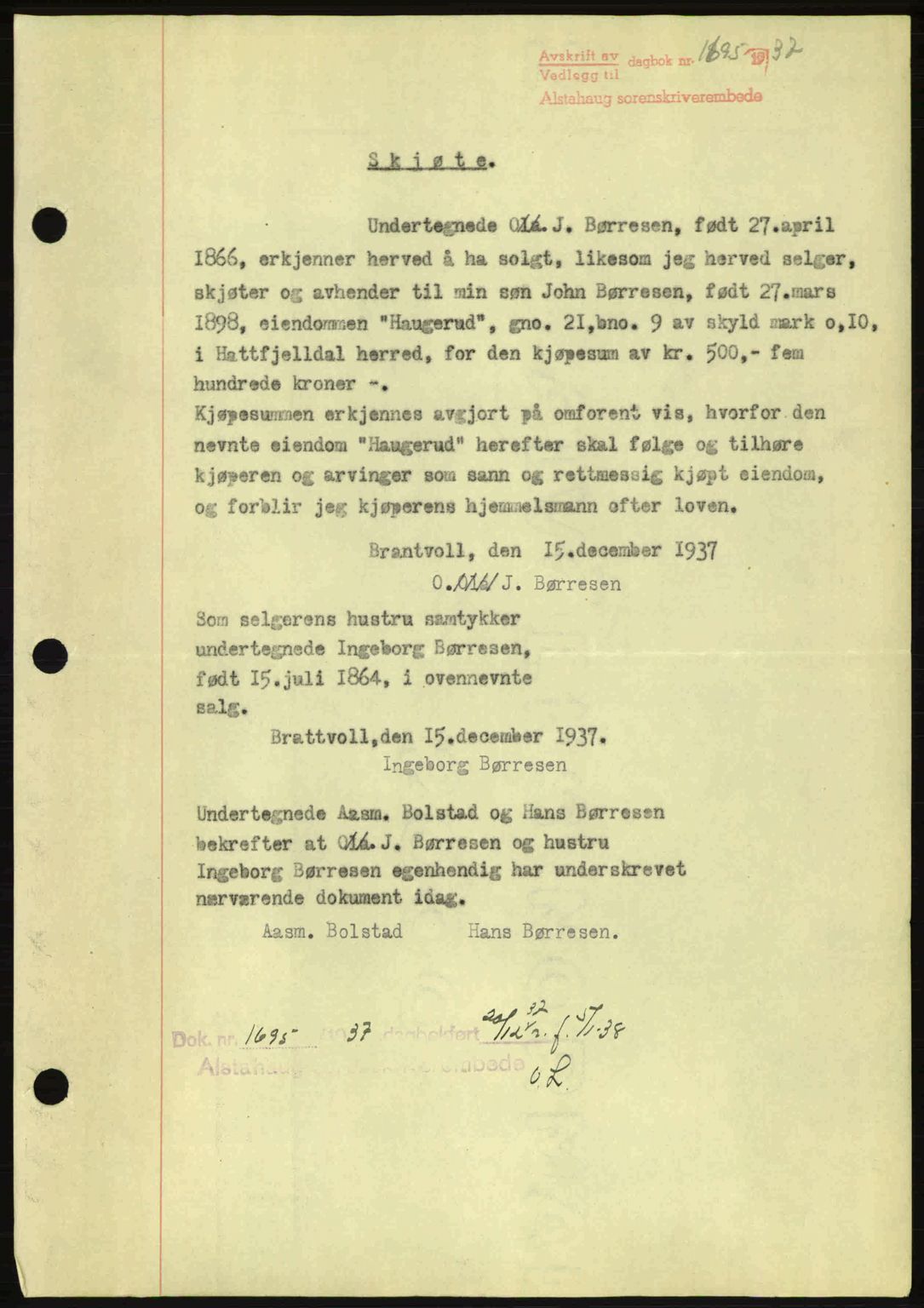 Alstahaug sorenskriveri, SAT/A-1009: Pantebok nr. A3, 1937-1938, Dagboknr: 1695/1937