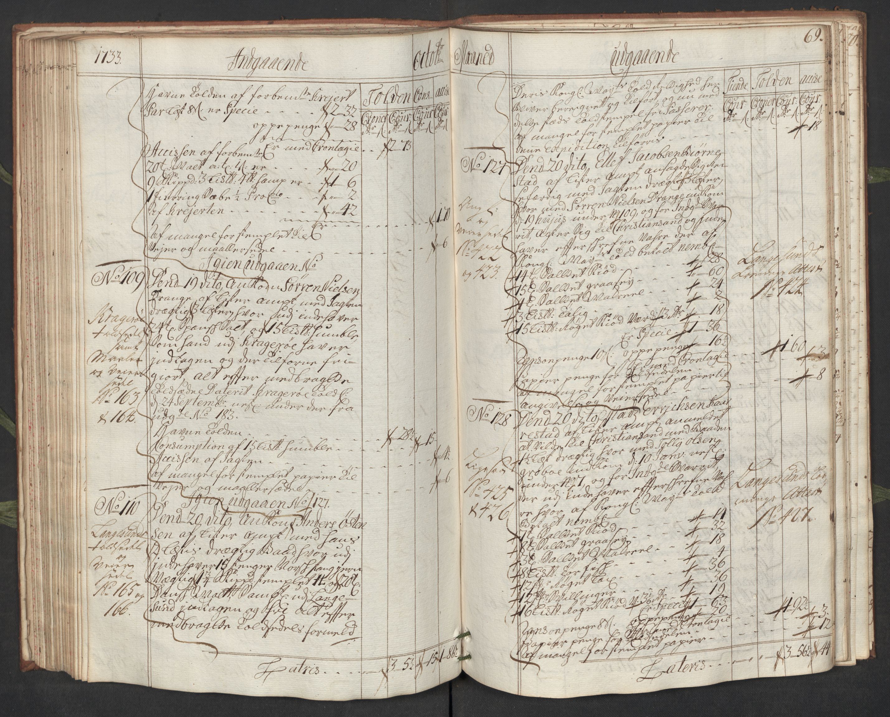 Generaltollkammeret, tollregnskaper, AV/RA-EA-5490/R19/L0007/0001: Tollregnskaper Flekkefjord / Hovedtollbok, 1733, s. 68b-69a