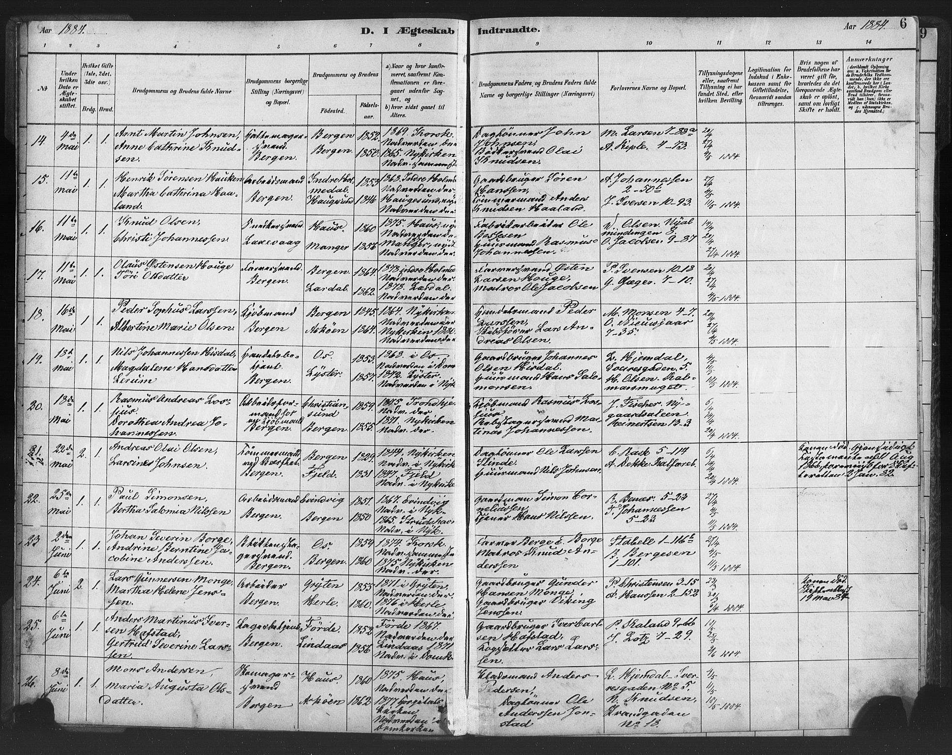 Nykirken Sokneprestembete, AV/SAB-A-77101/H/Haa/L0033: Ministerialbok nr. D 3, 1884-1895, s. 6