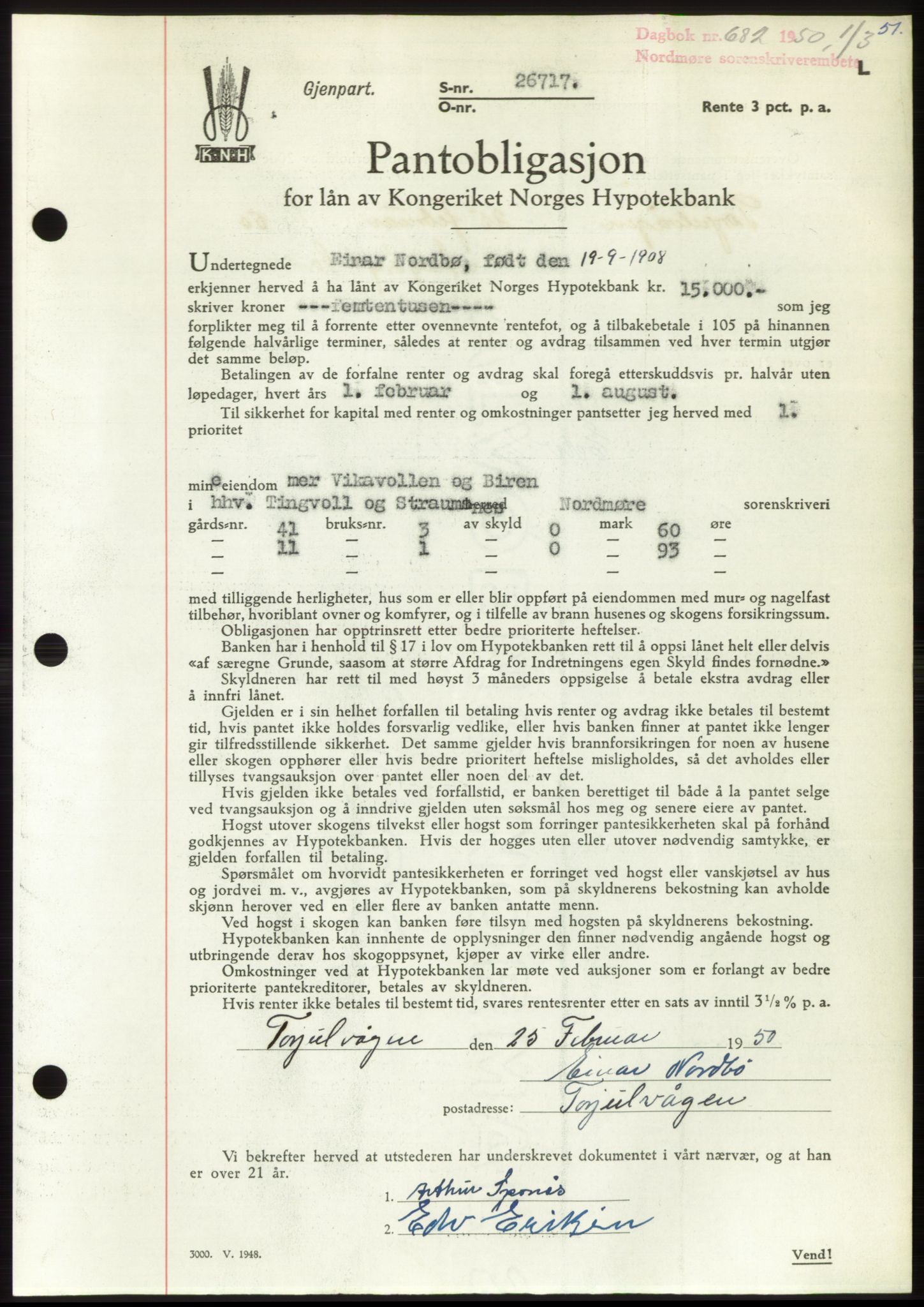 Nordmøre sorenskriveri, AV/SAT-A-4132/1/2/2Ca: Pantebok nr. B104, 1950-1950, Dagboknr: 682/1950