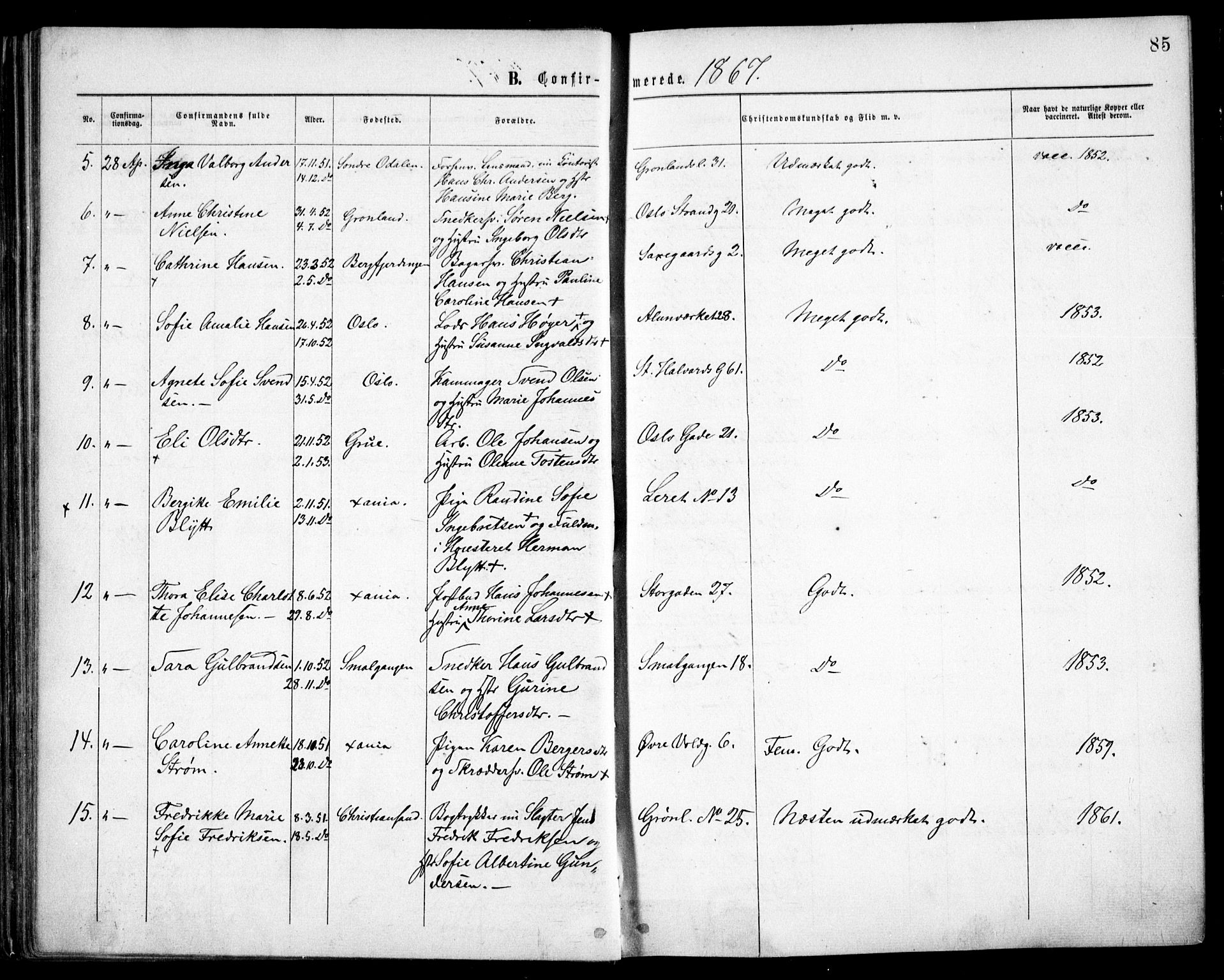 Grønland prestekontor Kirkebøker, AV/SAO-A-10848/F/Fa/L0003: Ministerialbok nr. 3, 1862-1868, s. 85