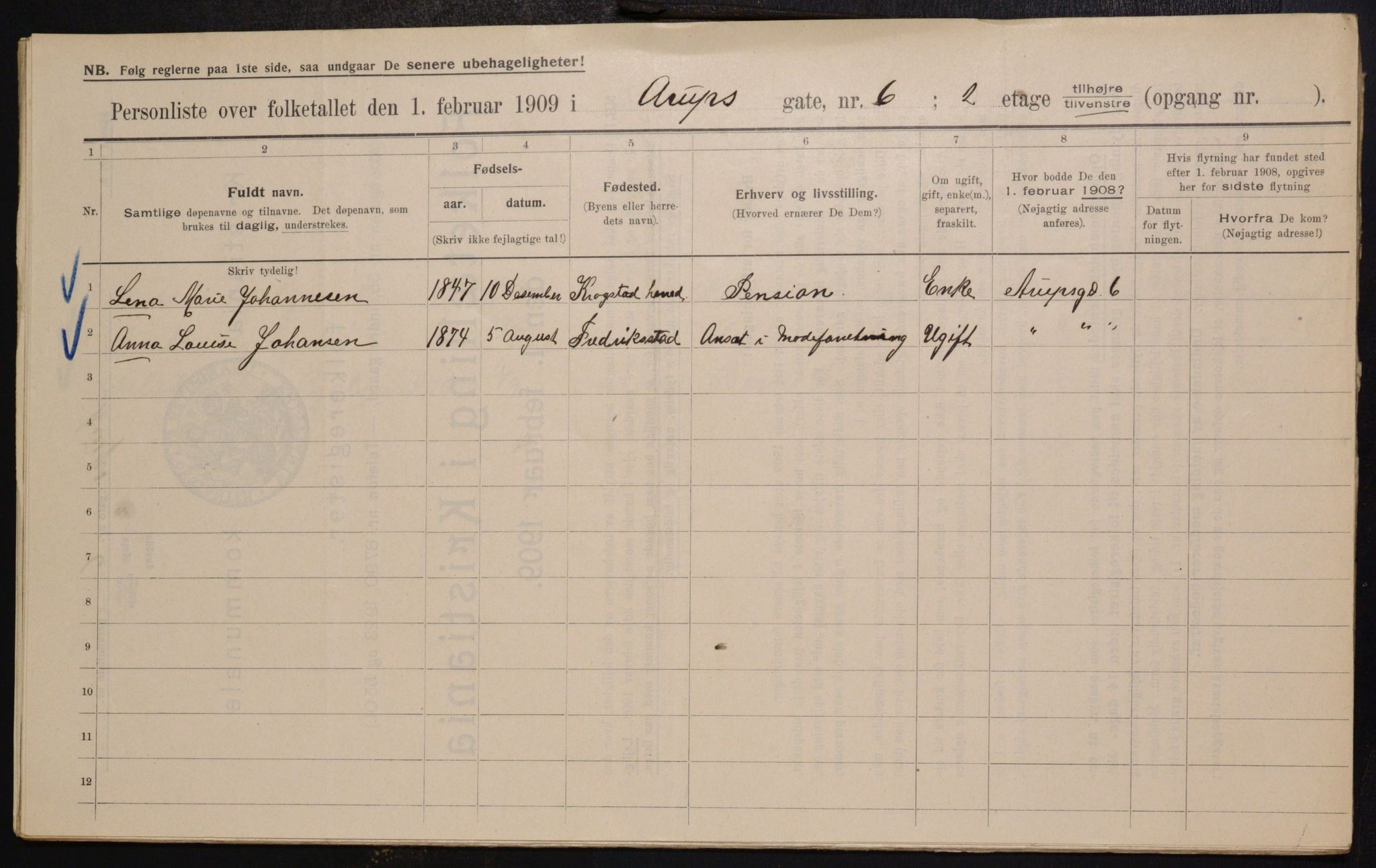 OBA, Kommunal folketelling 1.2.1909 for Kristiania kjøpstad, 1909, s. 2077