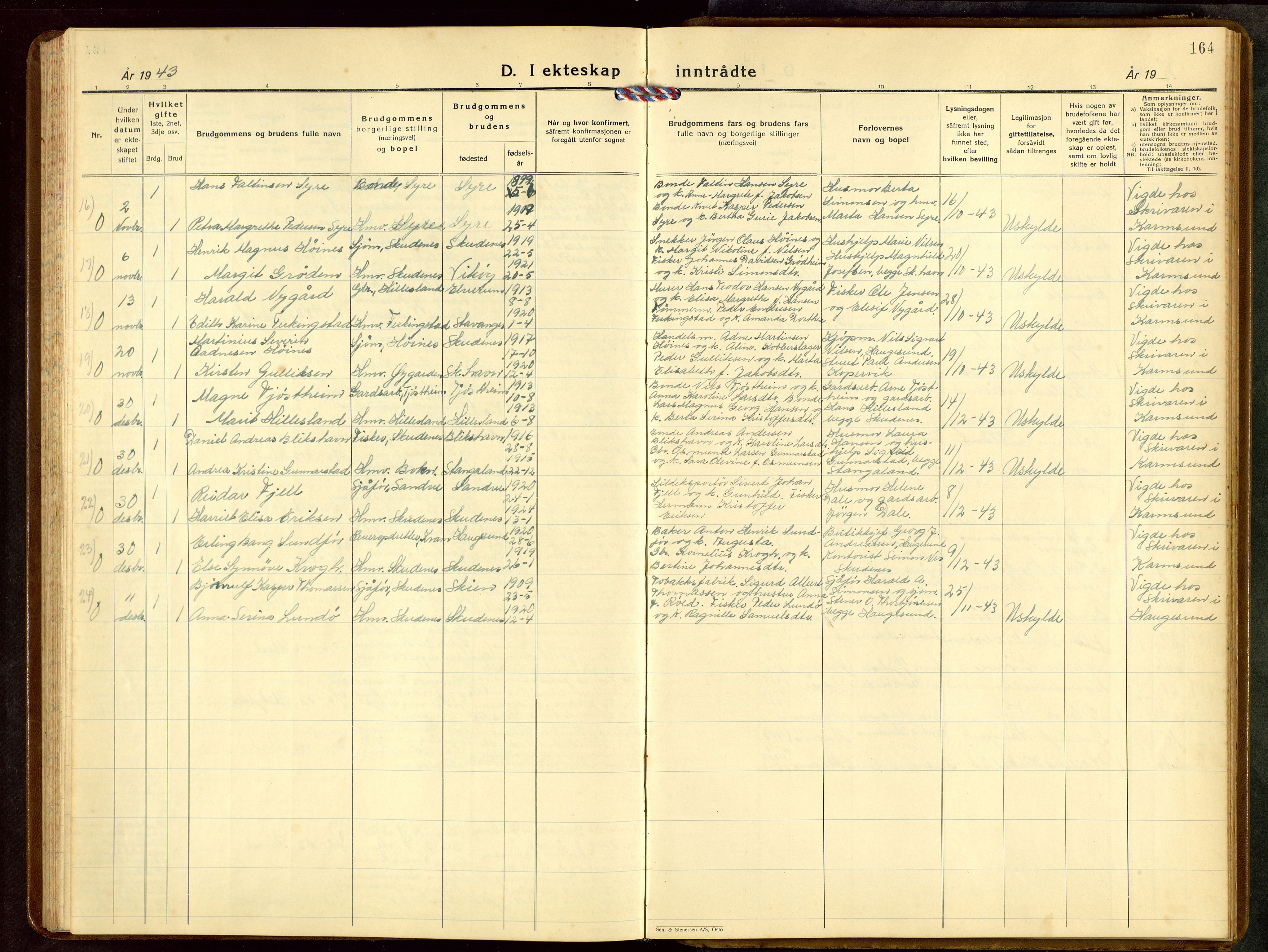 Skudenes sokneprestkontor, AV/SAST-A -101849/H/Ha/Hab/L0013: Klokkerbok nr. B 13, 1937-1954, s. 164