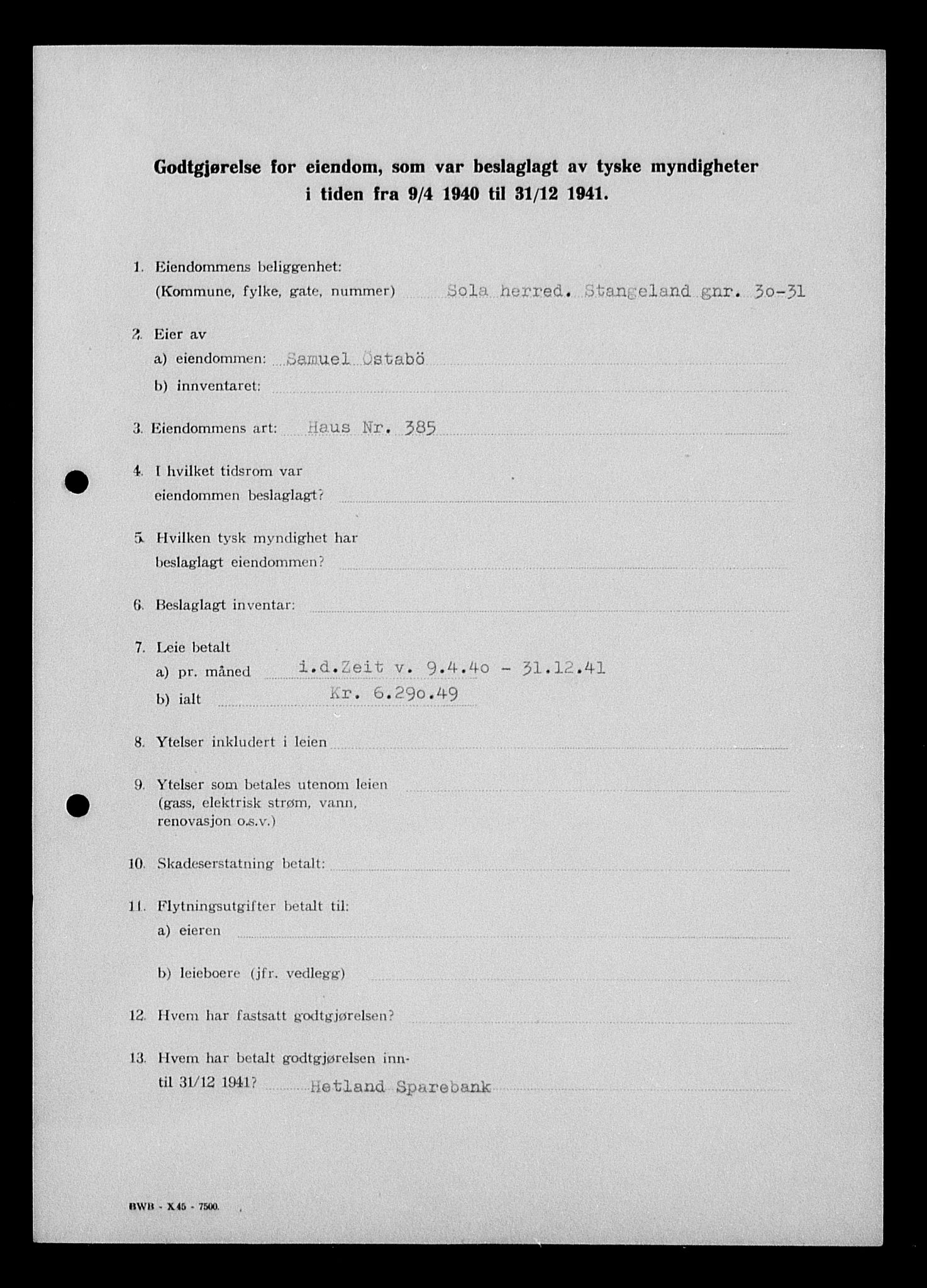 Justisdepartementet, Tilbakeføringskontoret for inndratte formuer, AV/RA-S-1564/I/L1015: Godtgjørelse for beslaglagt eiendom, 1940-1941, s. 426