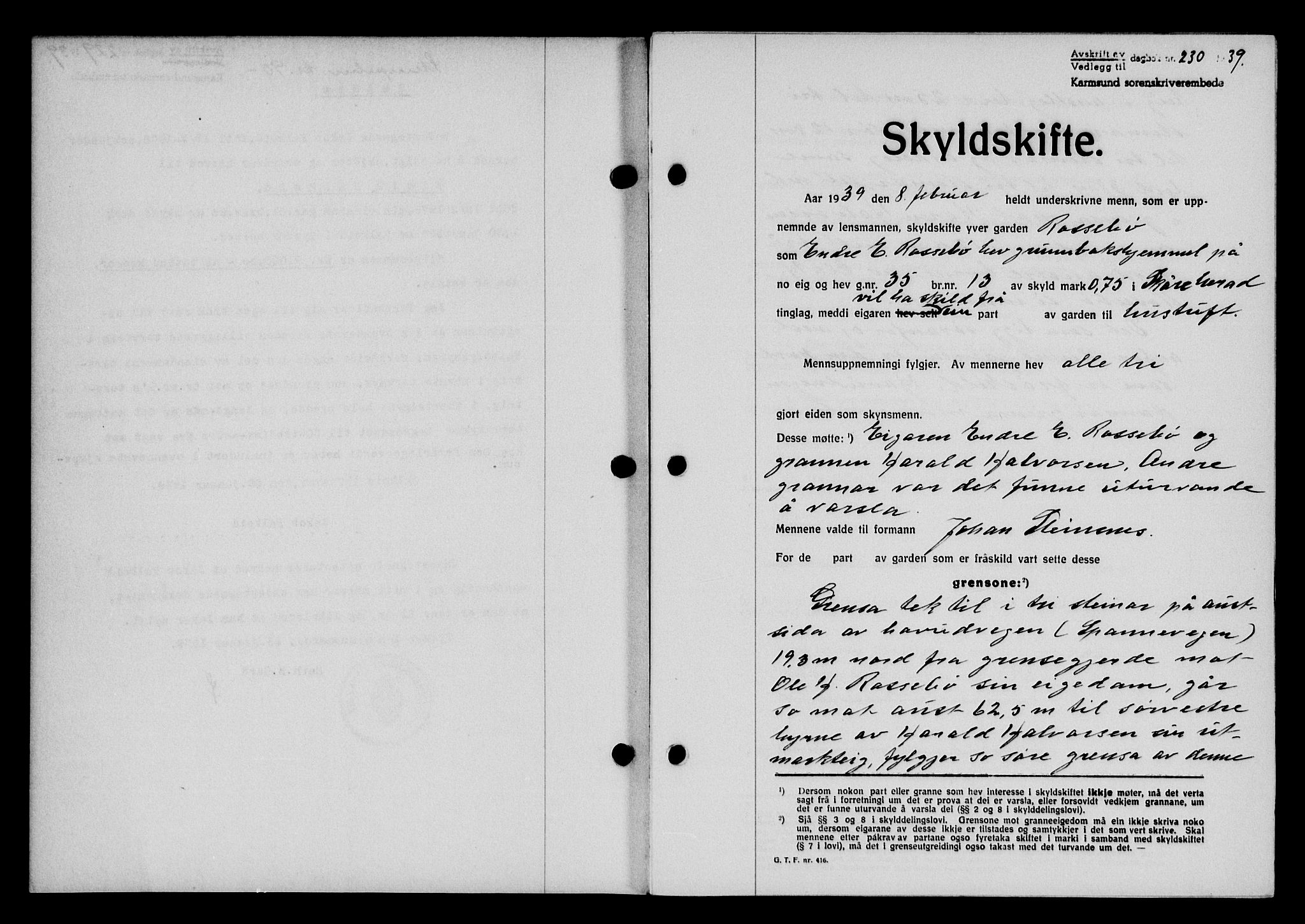 Karmsund sorenskriveri, SAST/A-100311/01/II/IIB/L0070: Pantebok nr. 51A, 1938-1939, Dagboknr: 230/1939