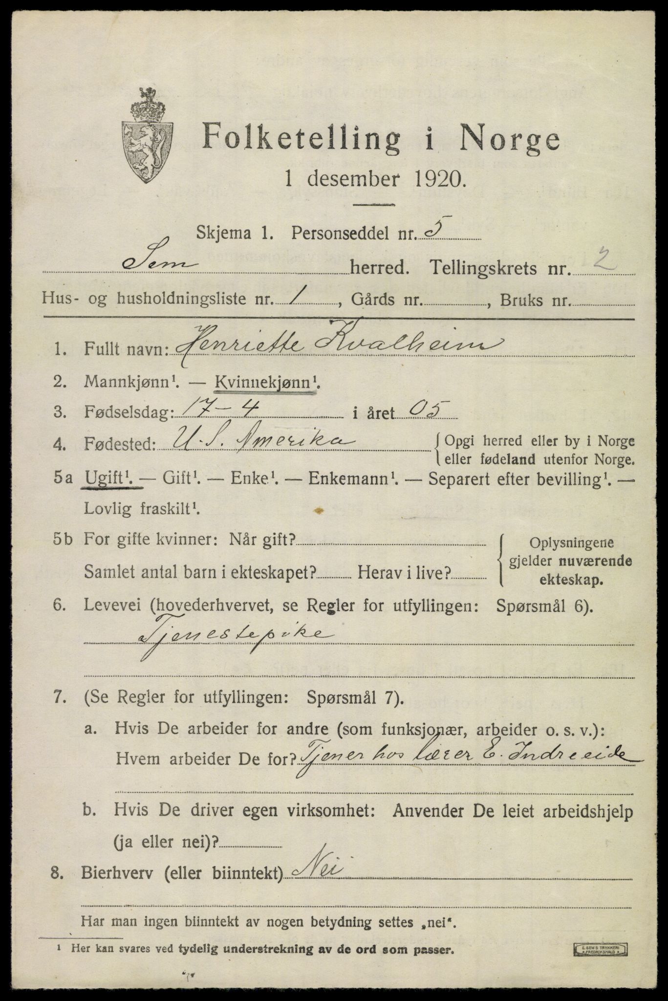 SAKO, Folketelling 1920 for 0721 Sem herred, 1920, s. 5269
