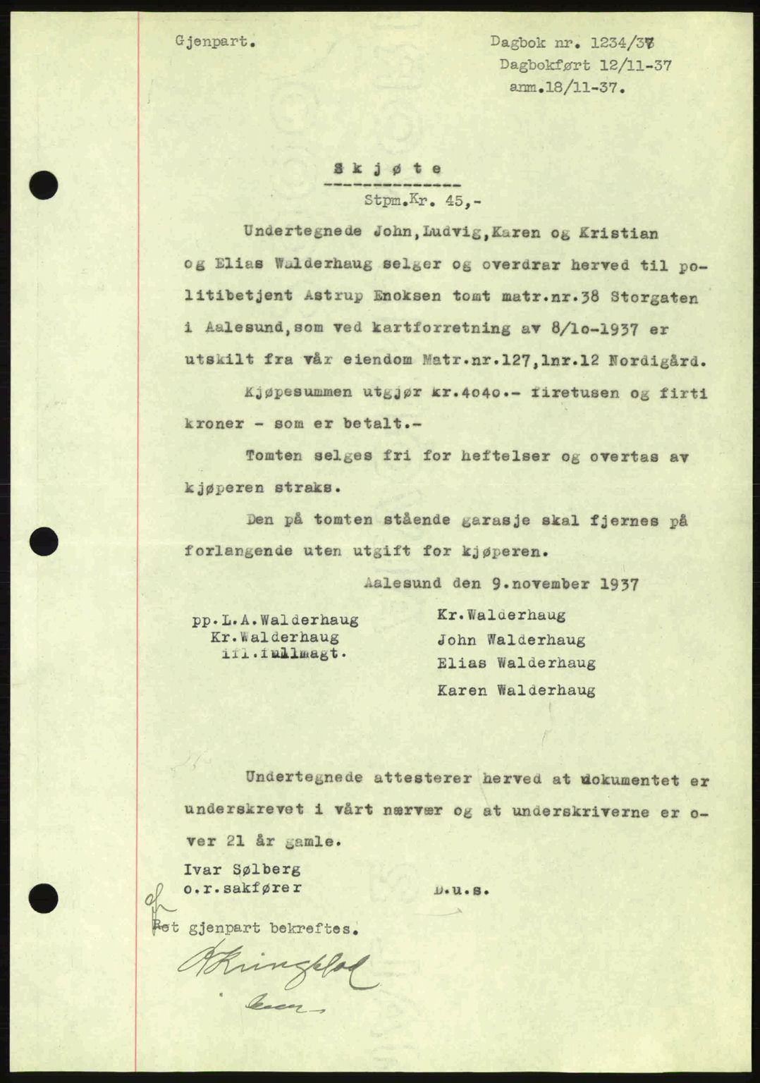 Ålesund byfogd, AV/SAT-A-4384: Pantebok nr. 34 I, 1936-1938, Dagboknr: 1234/1937