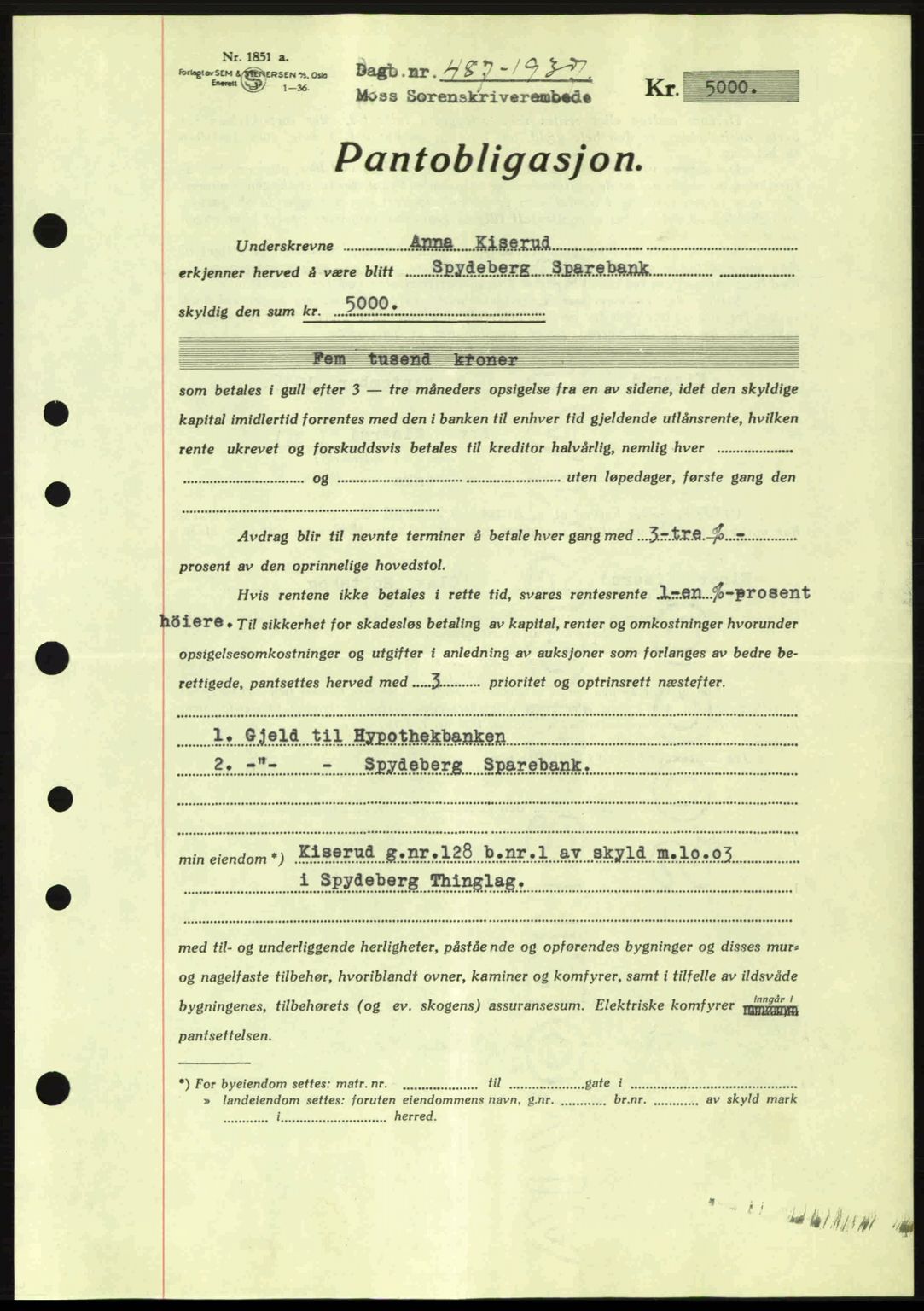 Moss sorenskriveri, SAO/A-10168: Pantebok nr. B3, 1937-1937, Dagboknr: 487/1937