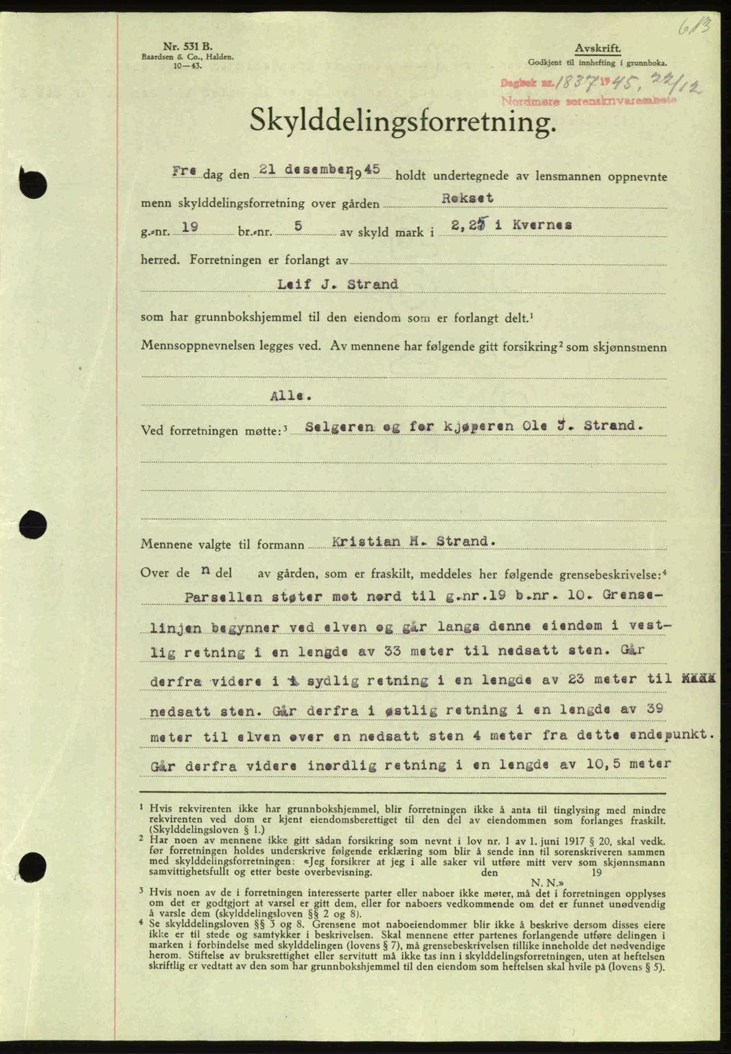 Nordmøre sorenskriveri, AV/SAT-A-4132/1/2/2Ca: Pantebok nr. A100a, 1945-1945, Dagboknr: 1837/1945