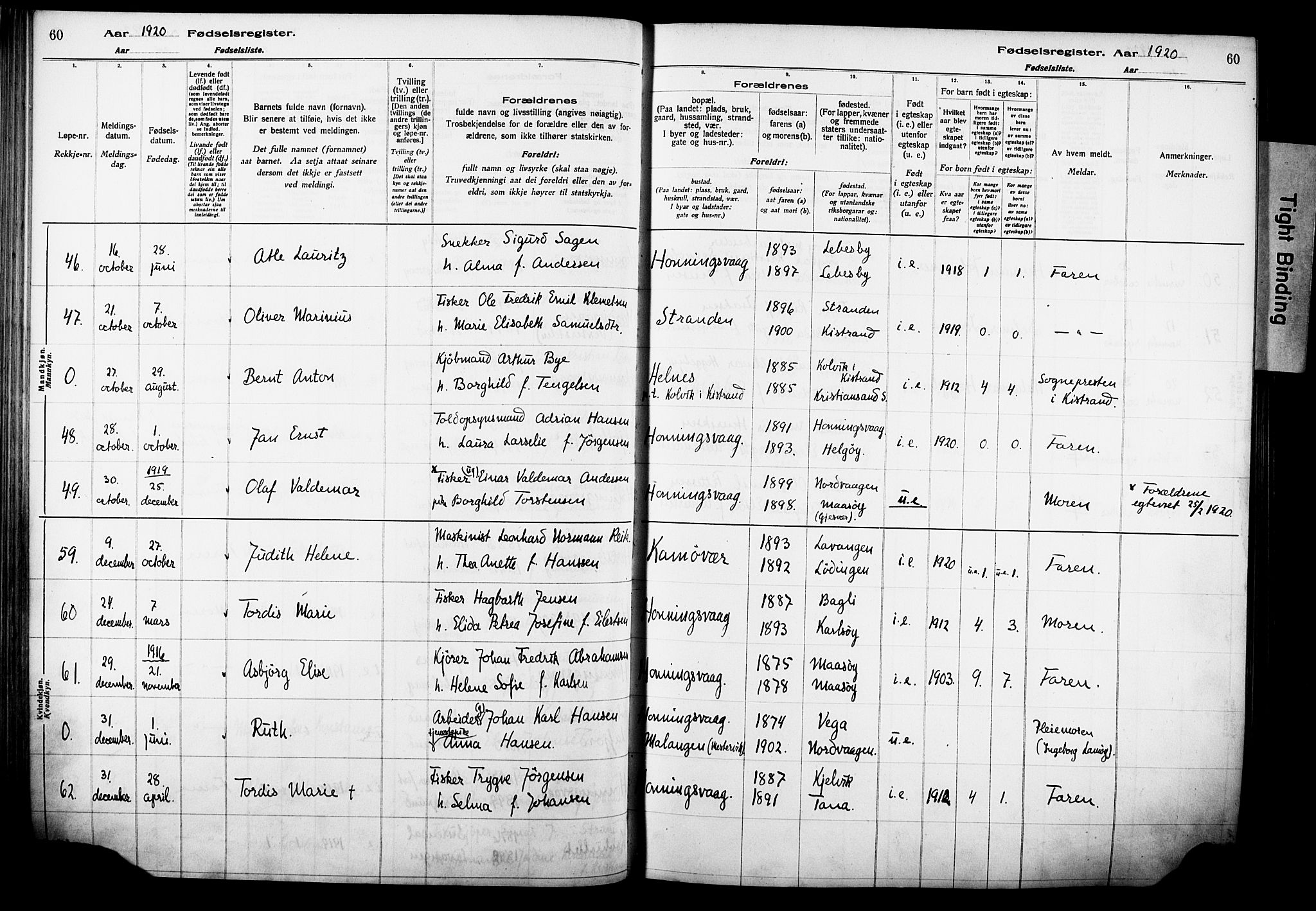 Kjelvik/Nordkapp sokneprestkontor, AV/SATØ-S-1350/I/Ia/L0015: Fødselsregister nr. 15, 1916-1930, s. 60