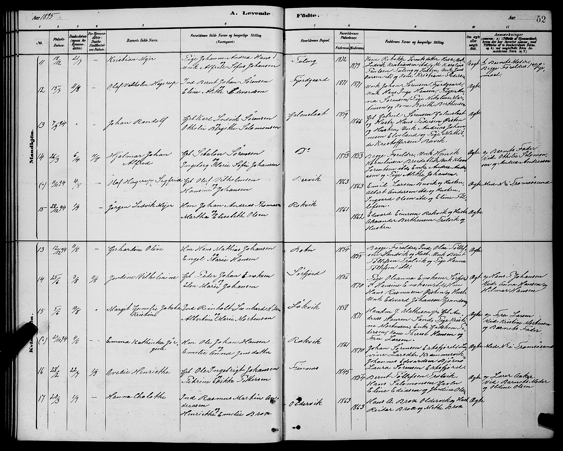 Lenvik sokneprestembete, AV/SATØ-S-1310/H/Ha/Hab/L0021klokker: Klokkerbok nr. 21, 1884-1900, s. 52