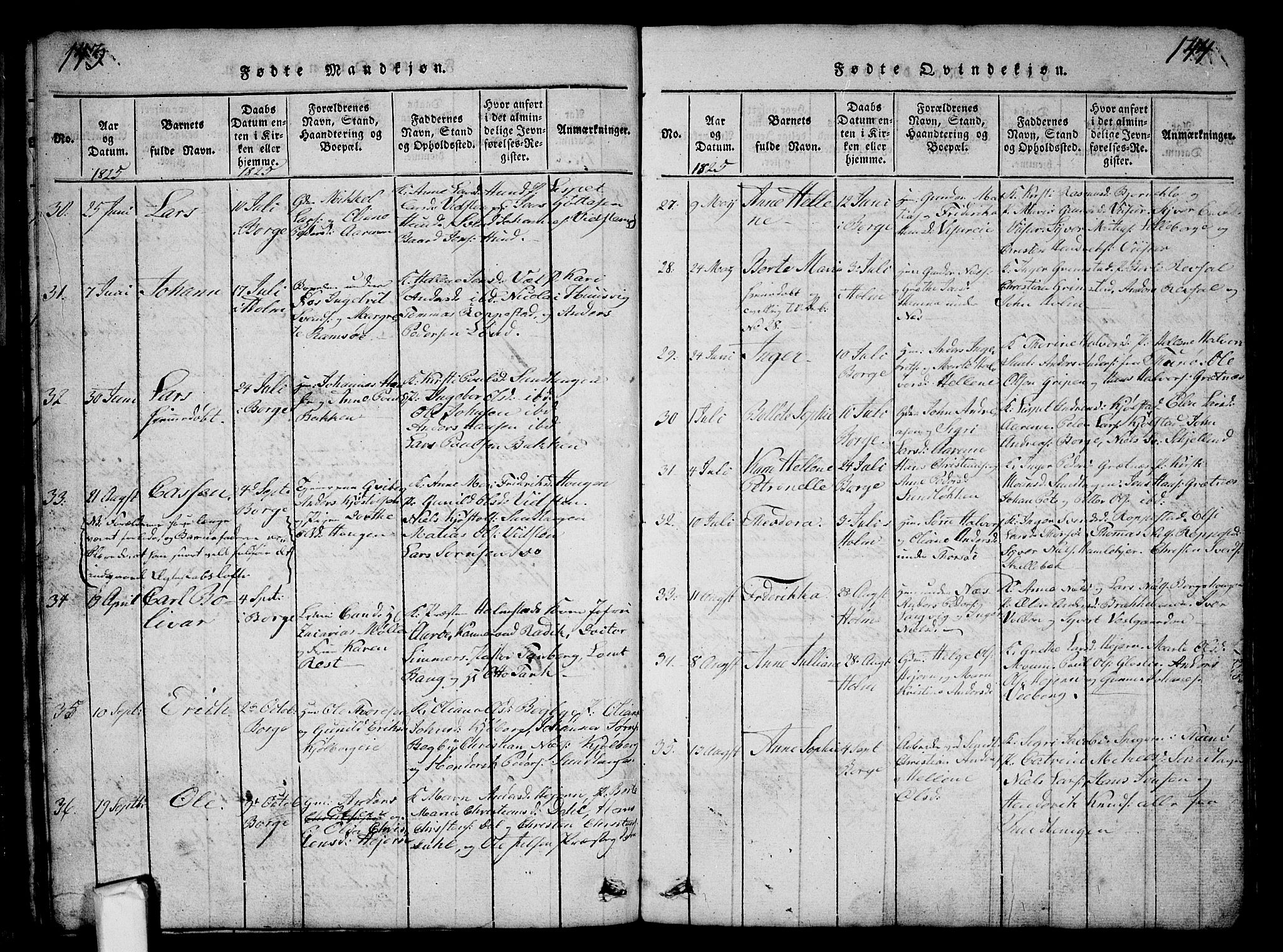 Borge prestekontor Kirkebøker, AV/SAO-A-10903/G/Ga/L0001: Klokkerbok nr.  I 1, 1815-1835, s. 143-144