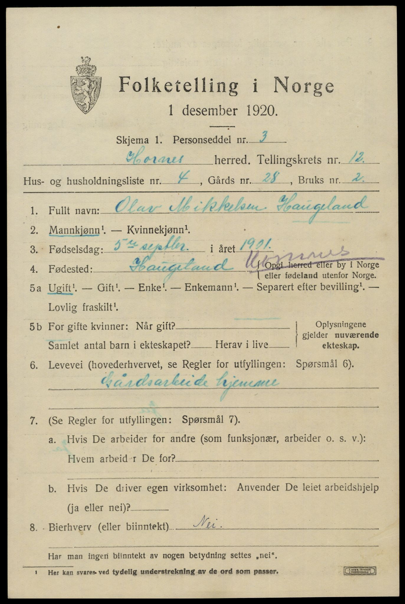 SAK, Folketelling 1920 for 0936 Hornnes herred, 1920, s. 2911
