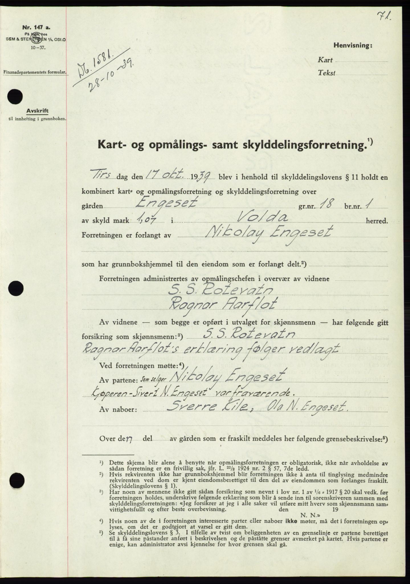 Søre Sunnmøre sorenskriveri, SAT/A-4122/1/2/2C/L0069: Pantebok nr. 63, 1939-1940, Dagboknr: 1581/1939