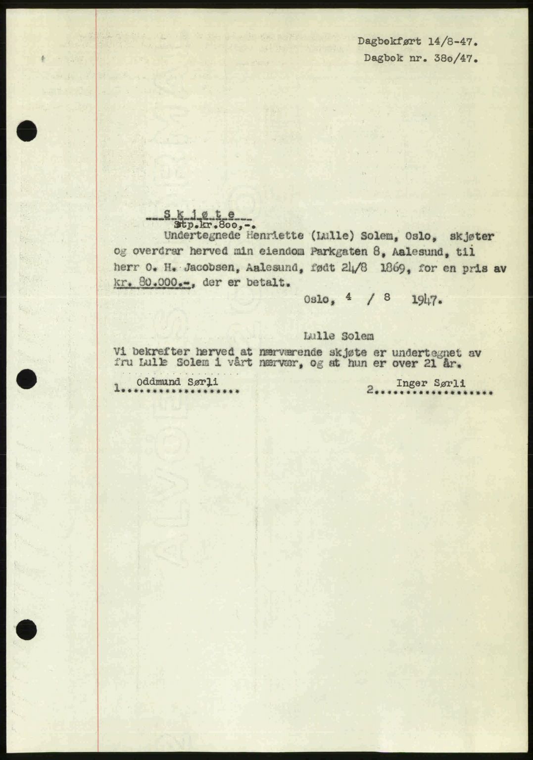 Ålesund byfogd, AV/SAT-A-4384: Pantebok nr. 37A (1), 1947-1949, Dagboknr: 380/1947