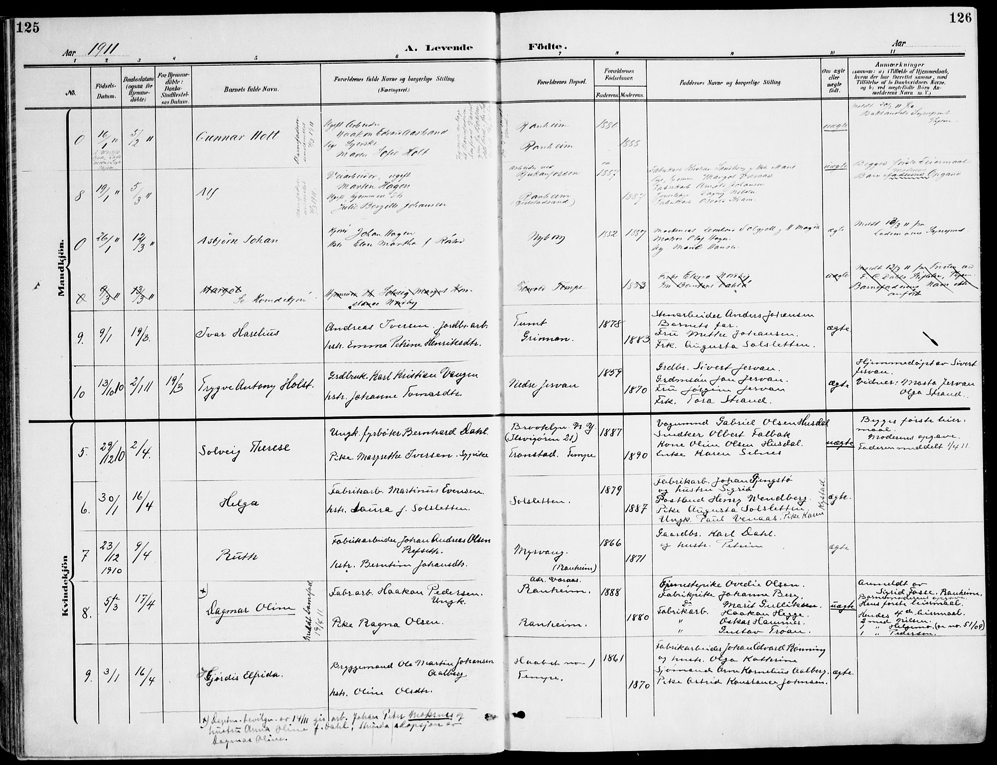 Ministerialprotokoller, klokkerbøker og fødselsregistre - Sør-Trøndelag, SAT/A-1456/607/L0320: Ministerialbok nr. 607A04, 1907-1915, s. 125-126