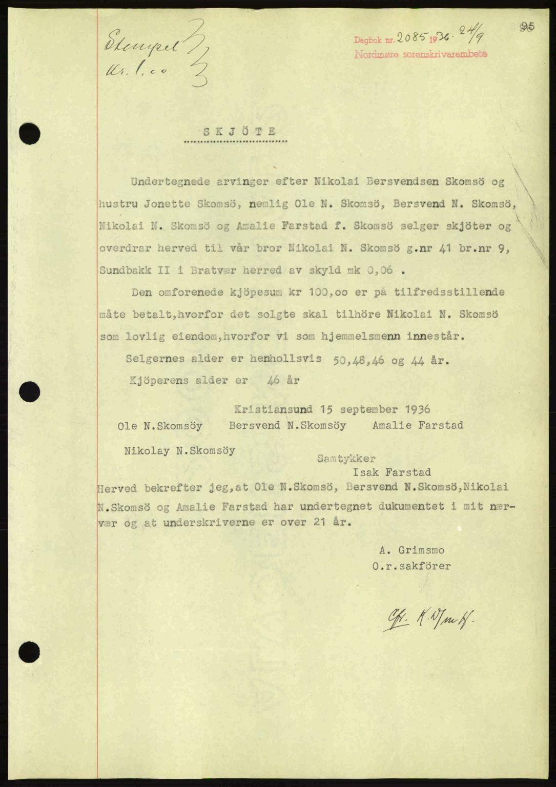 Nordmøre sorenskriveri, SAT/A-4132/1/2/2Ca: Pantebok nr. A80, 1936-1937, Dagboknr: 2085/1936