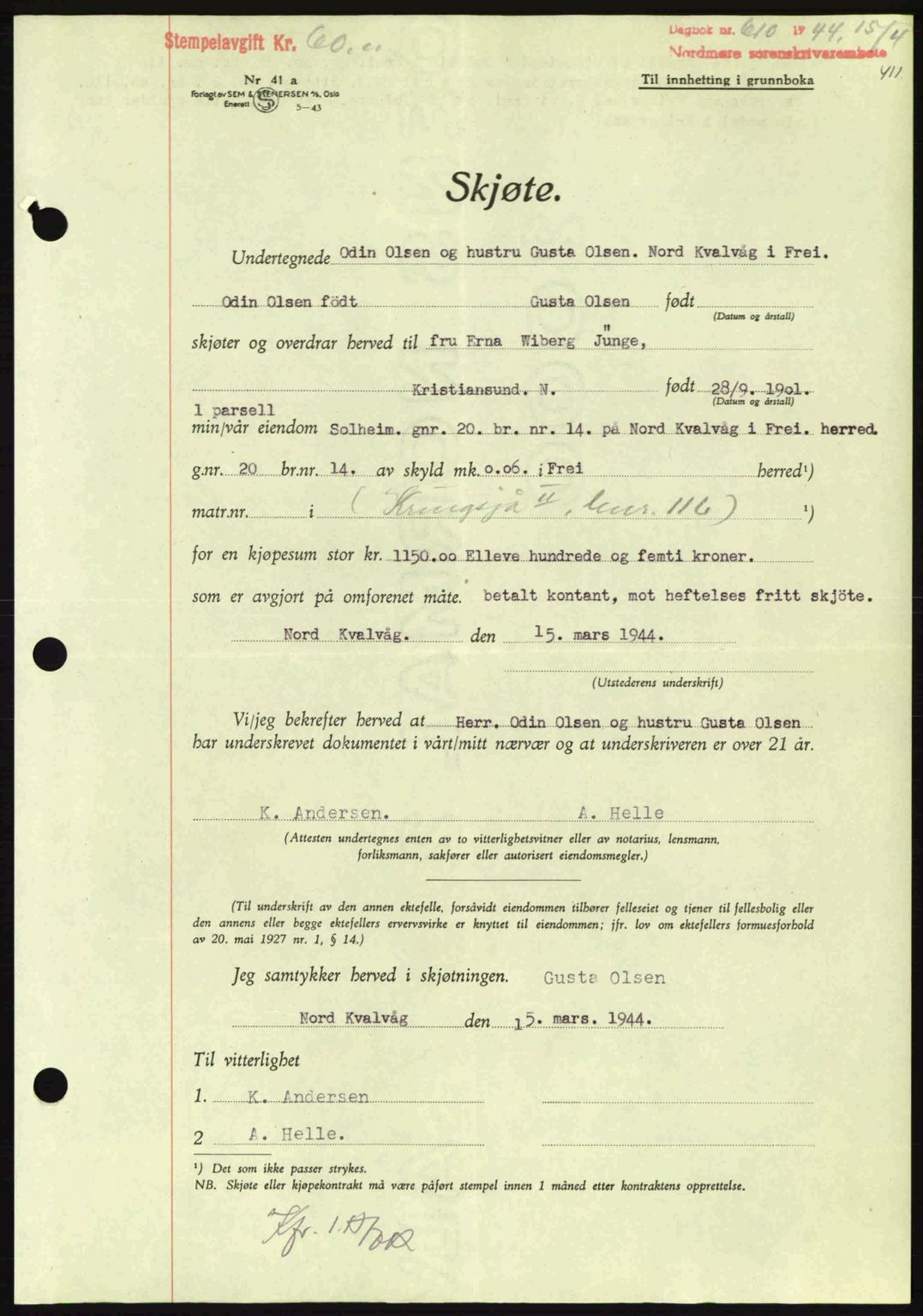 Nordmøre sorenskriveri, AV/SAT-A-4132/1/2/2Ca: Pantebok nr. A97, 1944-1944, Dagboknr: 610/1944