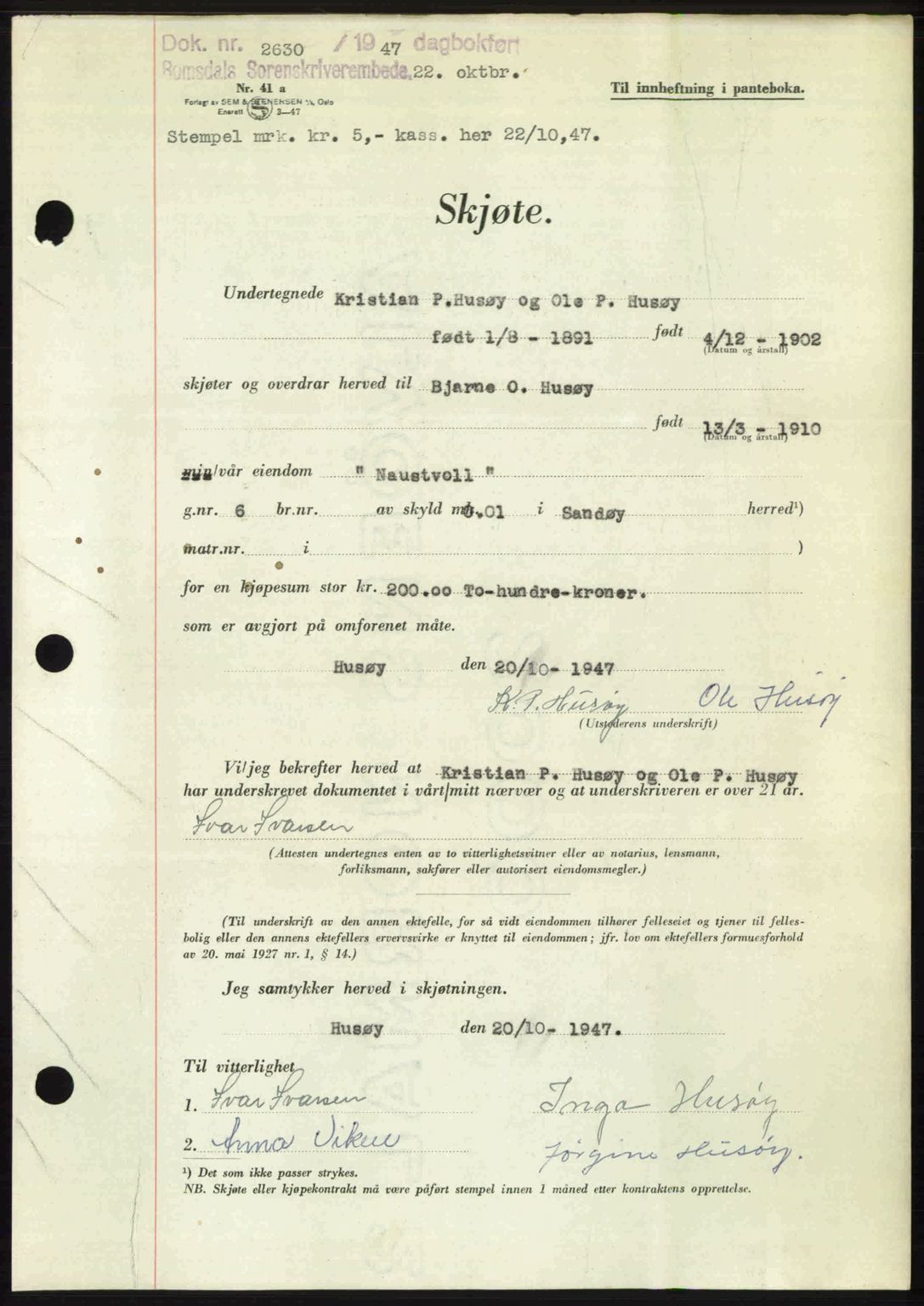 Romsdal sorenskriveri, AV/SAT-A-4149/1/2/2C: Pantebok nr. A24, 1947-1947, Dagboknr: 2630/1947