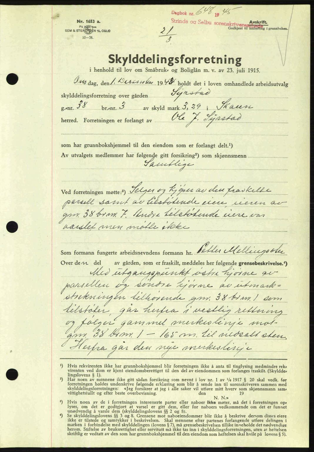 Strinda og Selbu sorenskriveri, SAT/A-0015/2/2C: Pantebok nr. A9, 1944-1945, Dagboknr: 648/1945