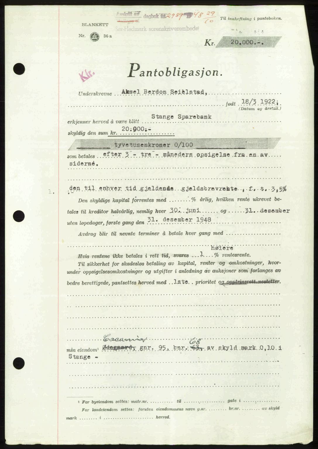 Sør-Hedmark sorenskriveri, SAH/TING-014/H/Hb/Hbd/L0018: Pantebok nr. 18, 1948-1949, Dagboknr: 2989/1948