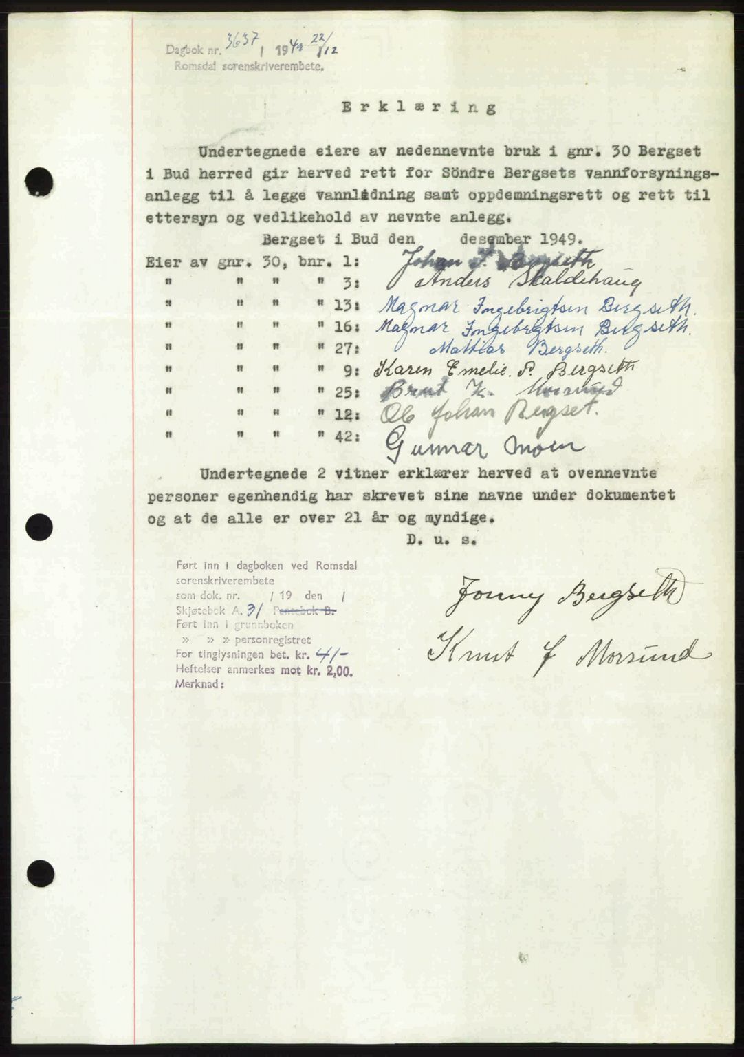 Romsdal sorenskriveri, AV/SAT-A-4149/1/2/2C: Pantebok nr. A31, 1949-1949, Dagboknr: 3637/1949