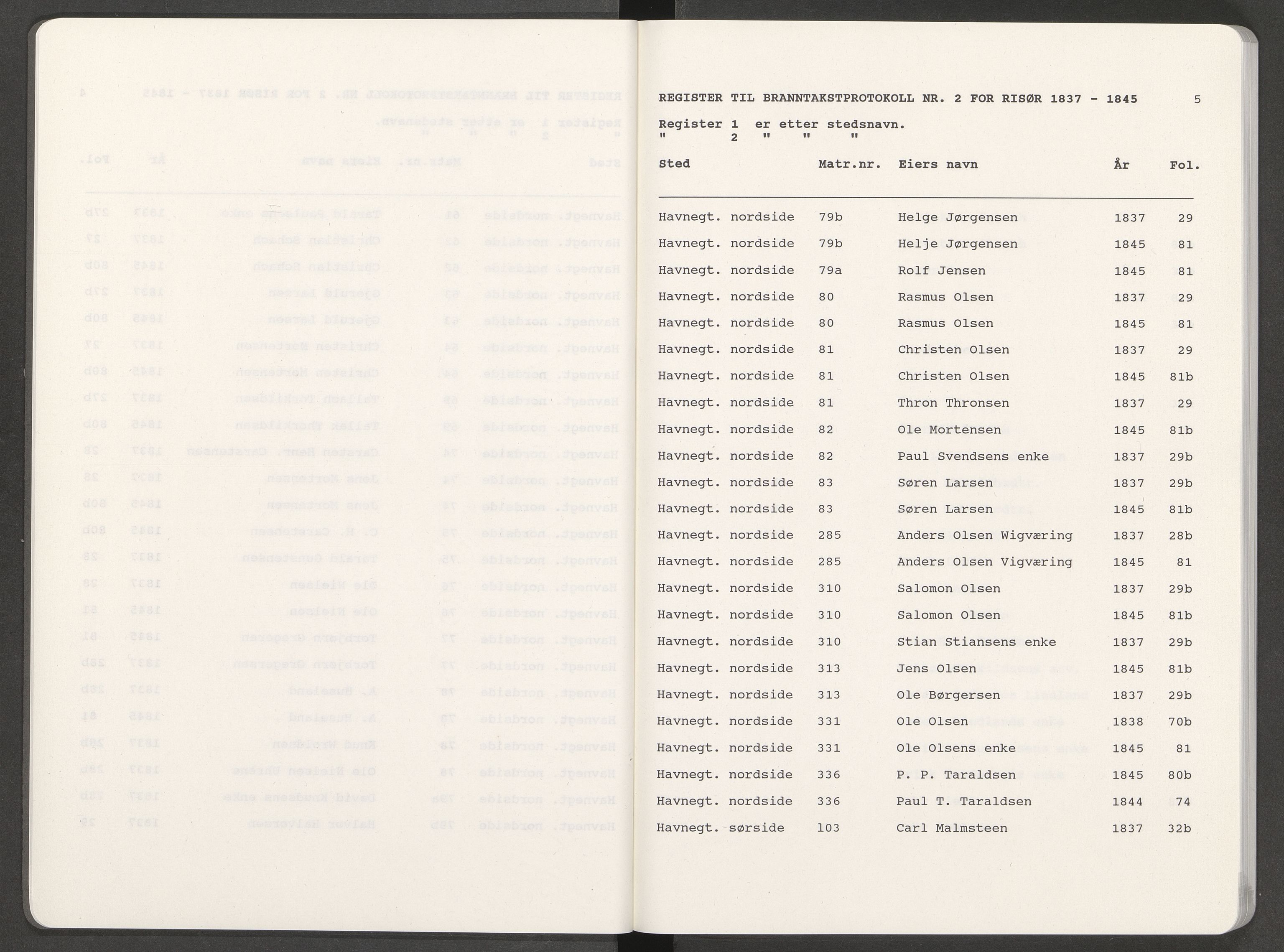 Norges Brannkasse Risør, AV/SAK-2241-0043/F/Fa/L0002: Register til branntakstprotokoll nr. 2 for Risør, 1837-1847