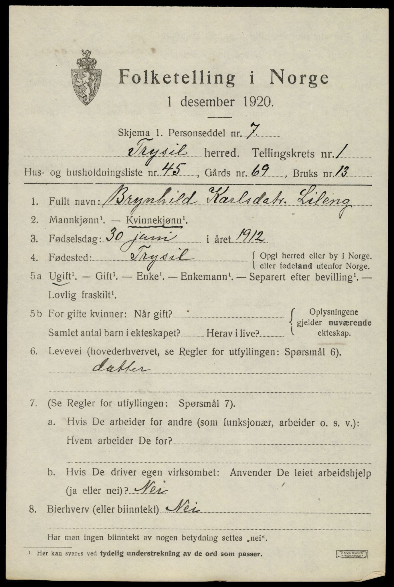 SAH, Folketelling 1920 for 0428 Trysil herred, 1920, s. 3069