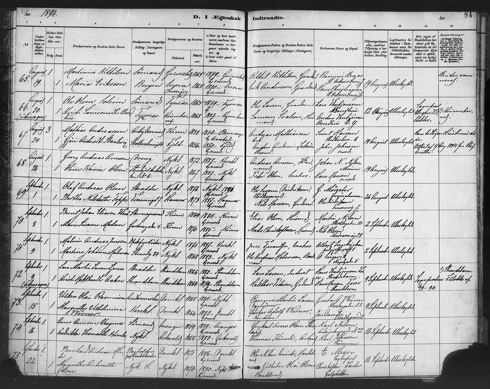 Nykirken Sokneprestembete, AV/SAB-A-77101/H/Haa/L0033: Ministerialbok nr. D 3, 1884-1895, s. 84