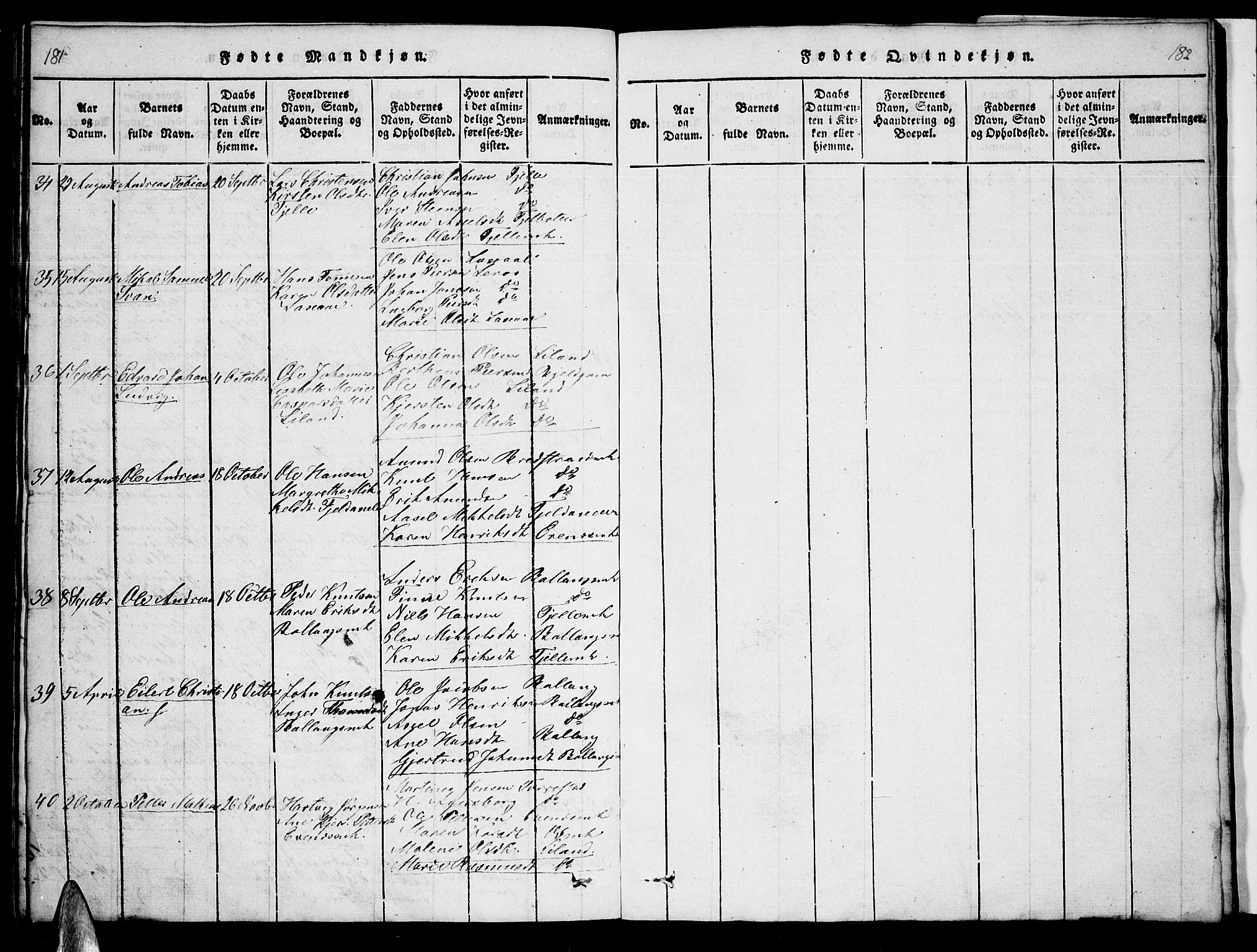 Ministerialprotokoller, klokkerbøker og fødselsregistre - Nordland, SAT/A-1459/863/L0911: Klokkerbok nr. 863C01, 1821-1858, s. 181-182