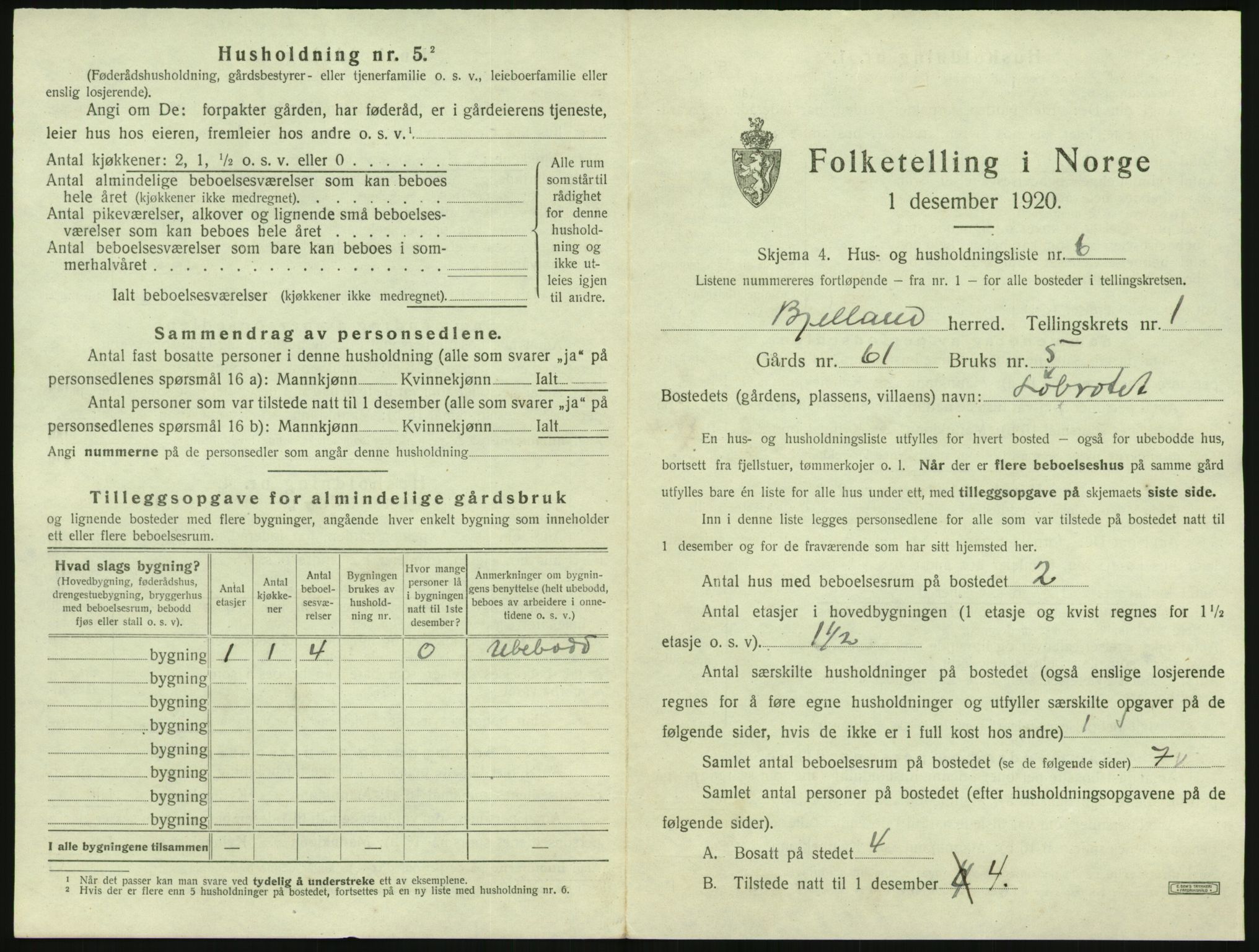 SAK, Folketelling 1920 for 1024 Bjelland herred, 1920, s. 49