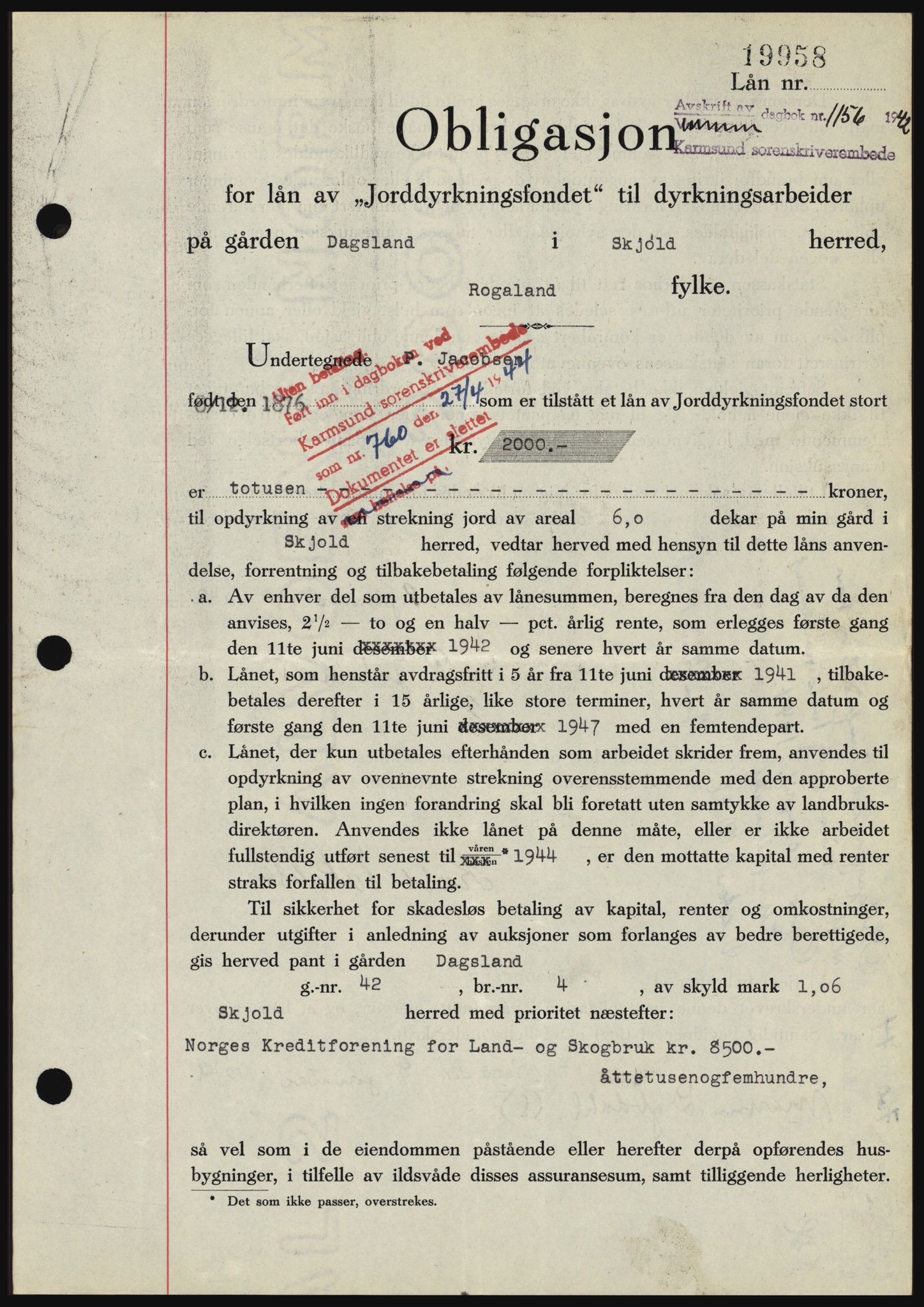 Karmsund sorenskriveri, SAST/A-100311/01/II/IIBBE/L0008: Pantebok nr. B 54, 1942-1943, Dagboknr: 1156/1942