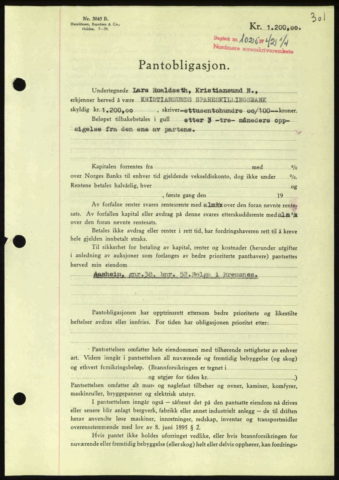 Nordmøre sorenskriveri, AV/SAT-A-4132/1/2/2Ca: Pantebok nr. B89, 1942-1942, Dagboknr: 1025/1942