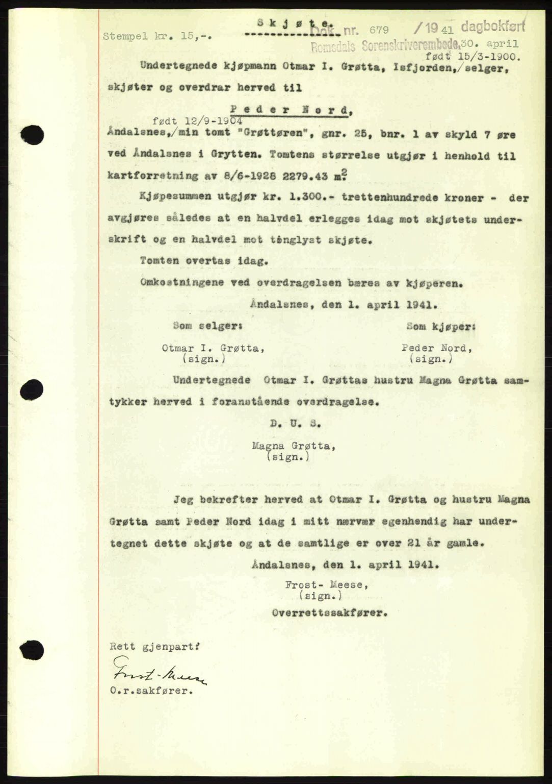 Romsdal sorenskriveri, SAT/A-4149/1/2/2C: Pantebok nr. A9, 1940-1941, Dagboknr: 679/1941
