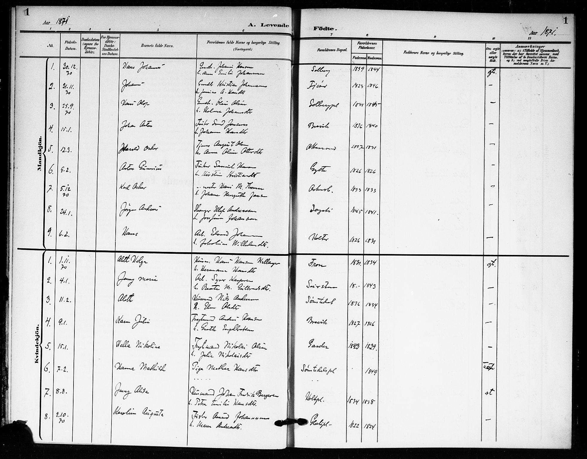 Drøbak prestekontor Kirkebøker, SAO/A-10142a/F/Fc/L0001: Ministerialbok nr. III 1, 1871-1900, s. 1