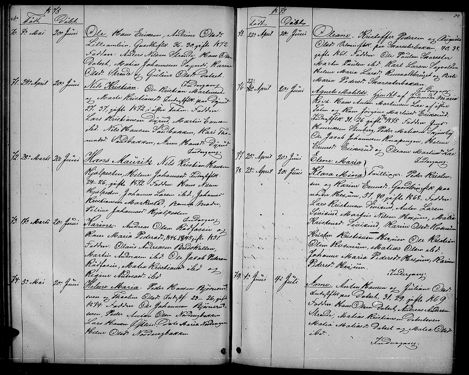 Vestre Toten prestekontor, AV/SAH-PREST-108/H/Ha/Hab/L0006: Klokkerbok nr. 6, 1870-1887, s. 39