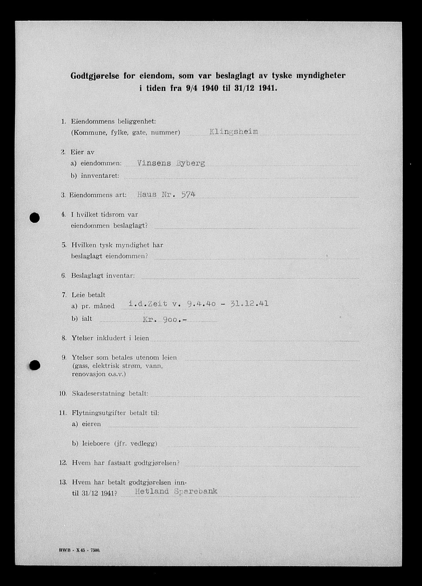 Justisdepartementet, Tilbakeføringskontoret for inndratte formuer, AV/RA-S-1564/I/L1014: Godtgjørelse for beslaglagt eiendom, 1940-1941, s. 212
